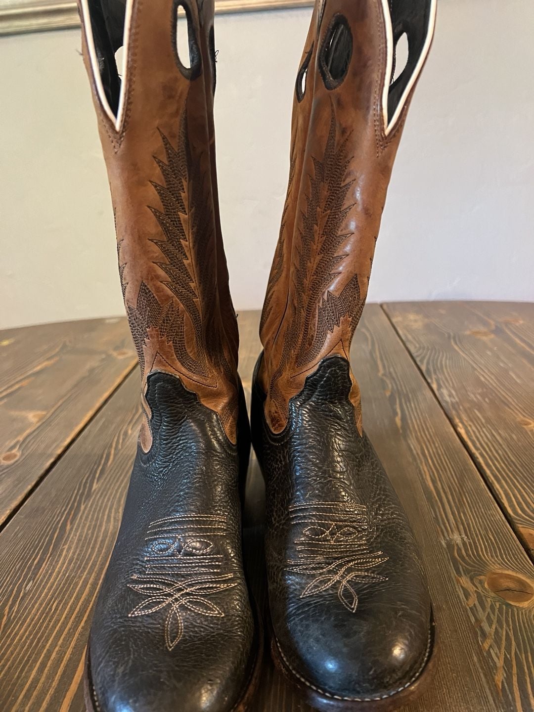 Tony Lama Western Boots Two Tone Black Brown 6B Leather 2
