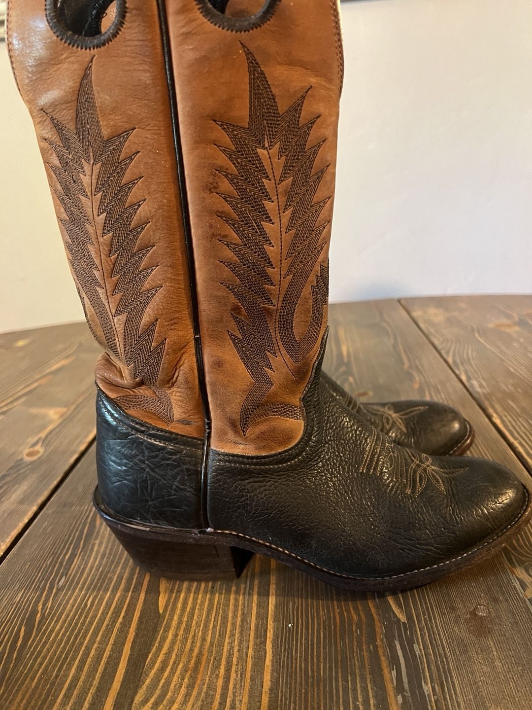 Tony Lama Western Boots Two Tone Black Brown 6B Leather 3
