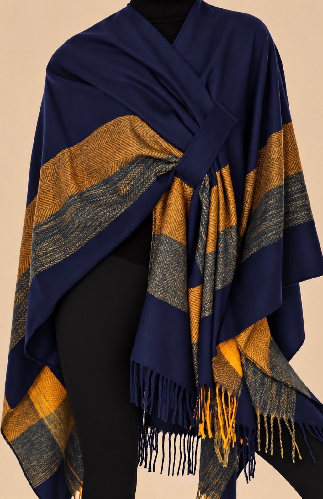 Women Plaid Shawl Wrap Warm Cardigan Poncho Cape Navy Blue 2