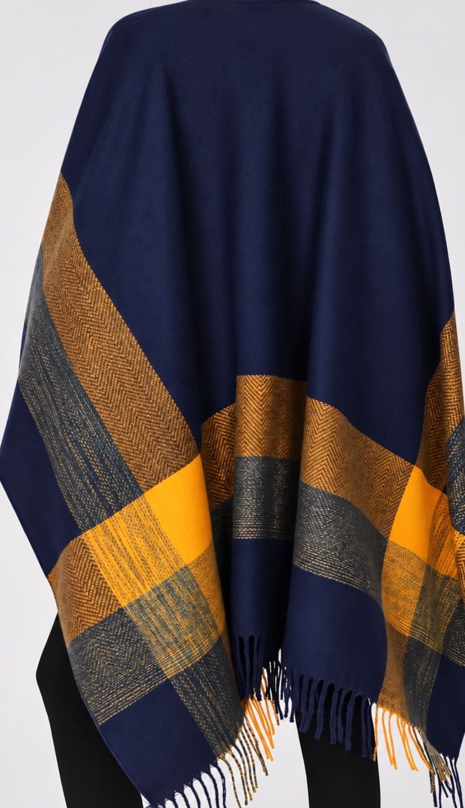 Women Plaid Shawl Wrap Warm Cardigan Poncho Cape Navy Blue 3