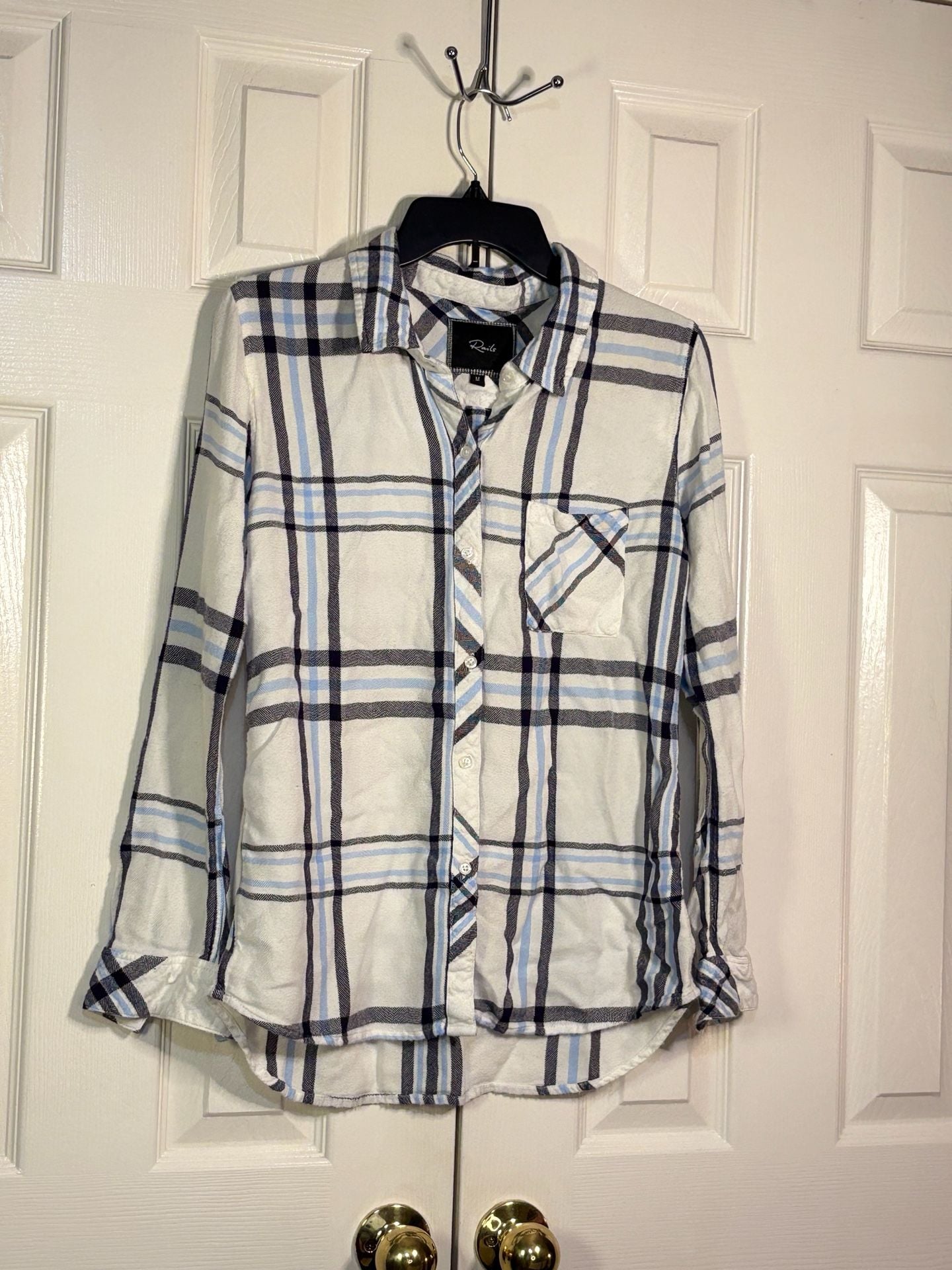 Rails Plaid Button Down Shirt Size M White Blue Rayon 5
