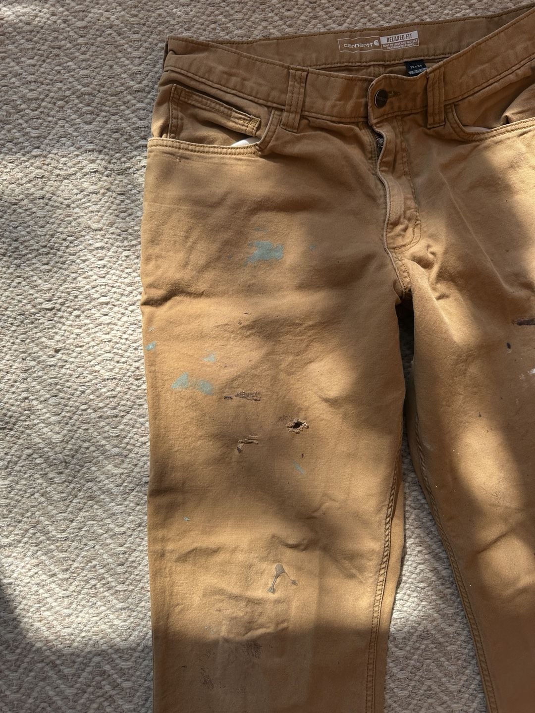 Carhartt Relaxed Fit Work Pants Size 33x34 Brown Paint Splatter Distress 4