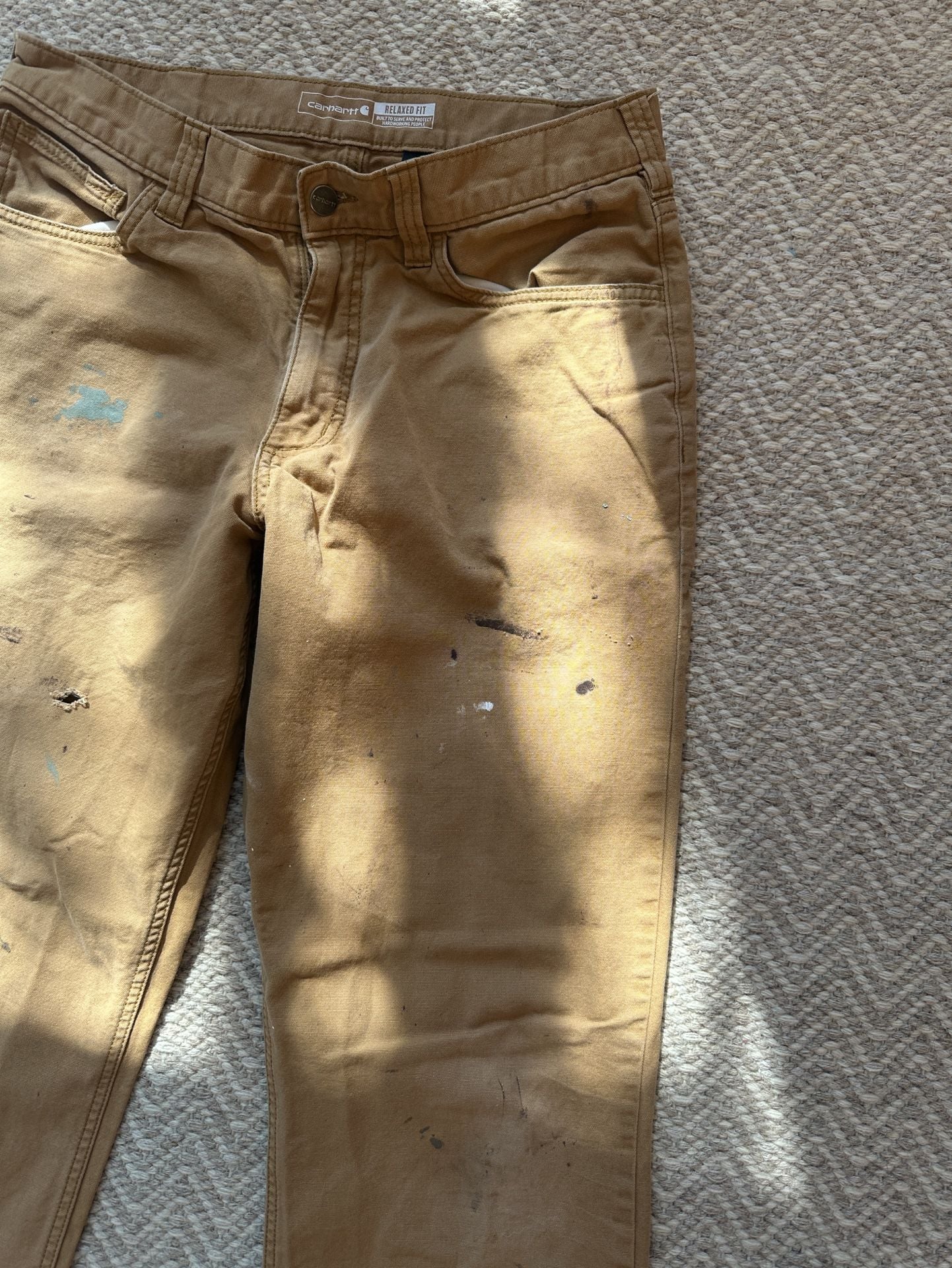 Carhartt Relaxed Fit Work Pants Size 33x34 Brown Paint Splatter Distress 6