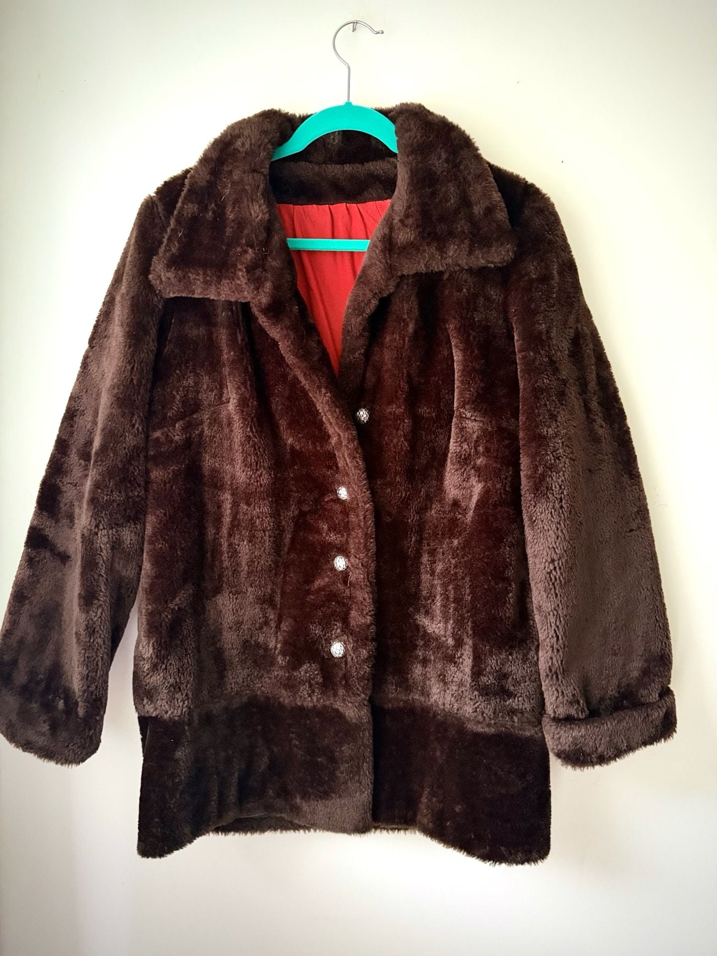 Vintage Chocolate Brown Plush Faux Fur Jacket Statement Collar Red Lining M 2