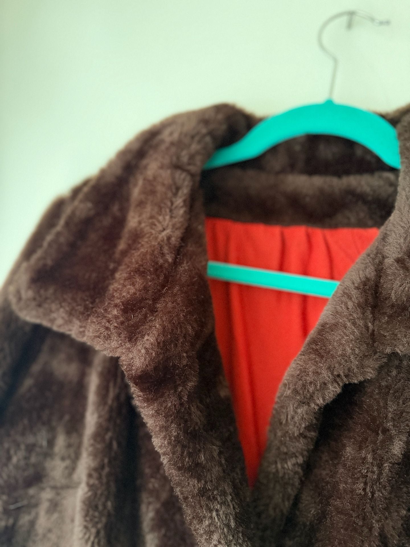 Vintage Chocolate Brown Plush Faux Fur Jacket Statement Collar Red Lining M 3