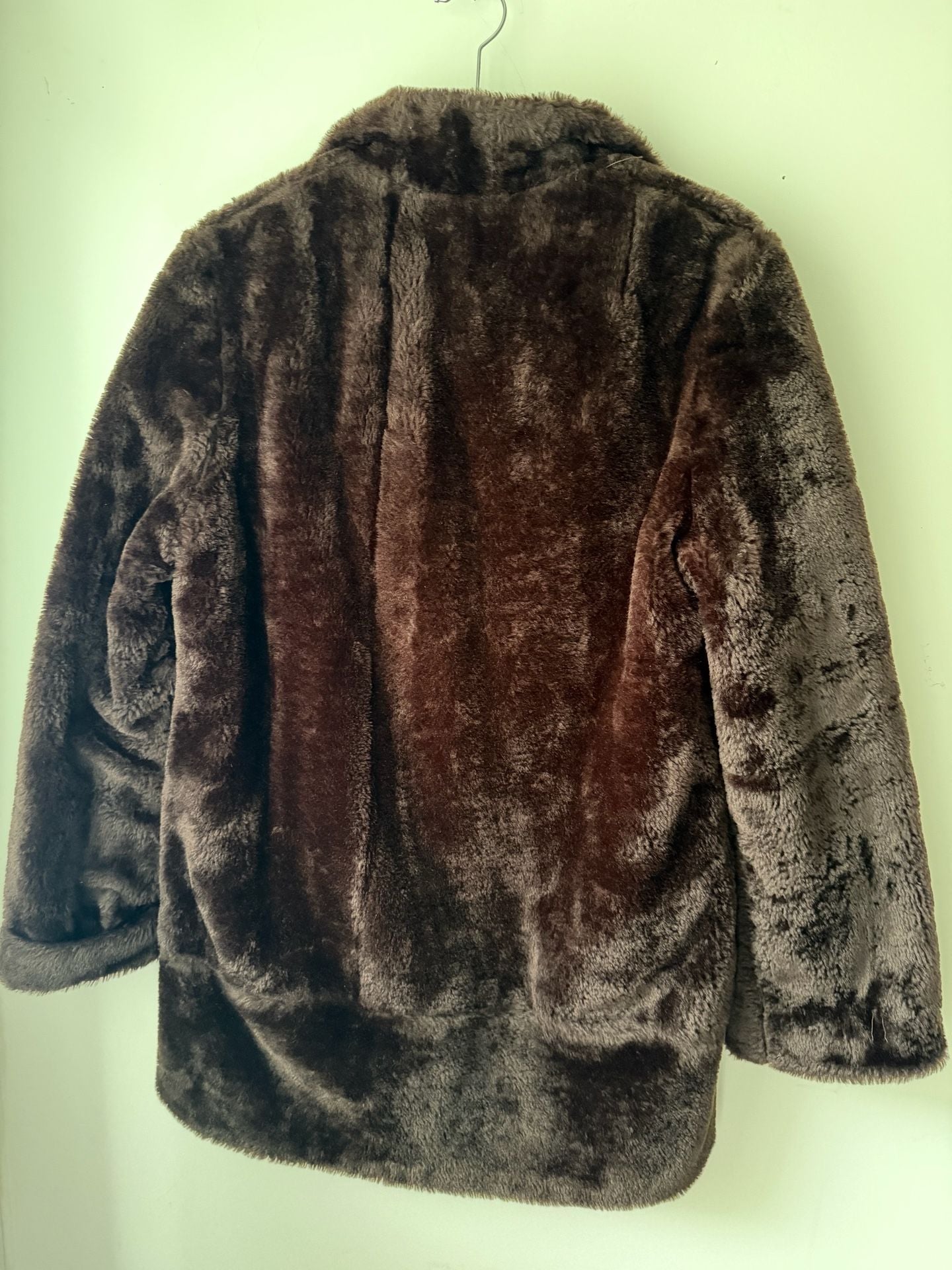 Vintage Chocolate Brown Plush Faux Fur Jacket Statement Collar Red Lining M 4