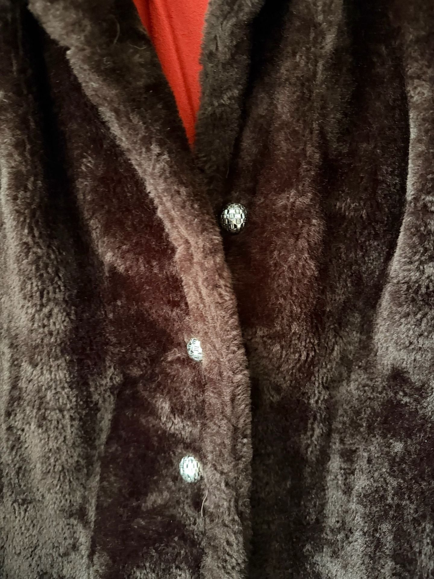 Vintage Chocolate Brown Plush Faux Fur Jacket Statement Collar Red Lining M 7