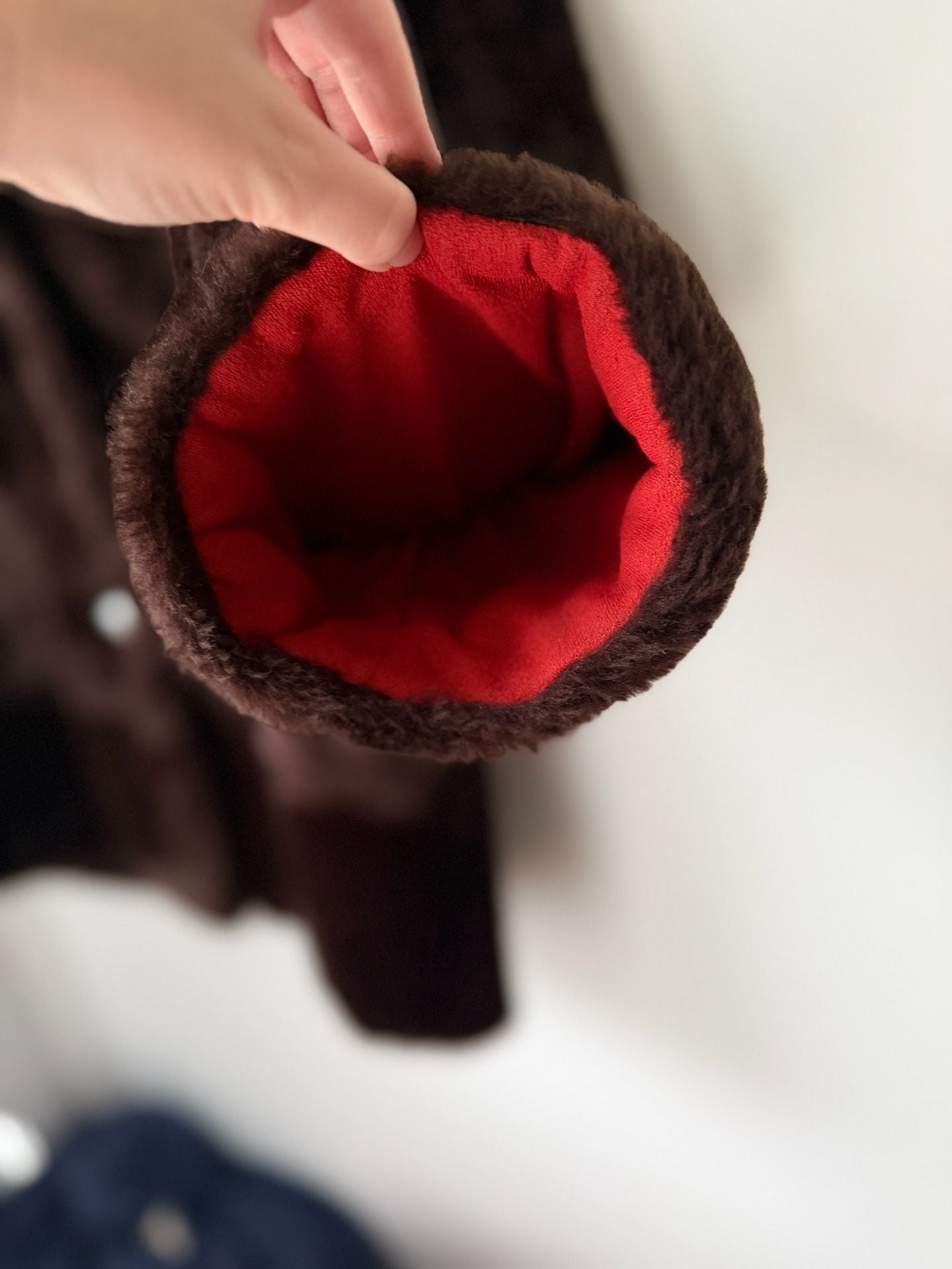 Vintage Chocolate Brown Plush Faux Fur Jacket Statement Collar Red Lining M 8
