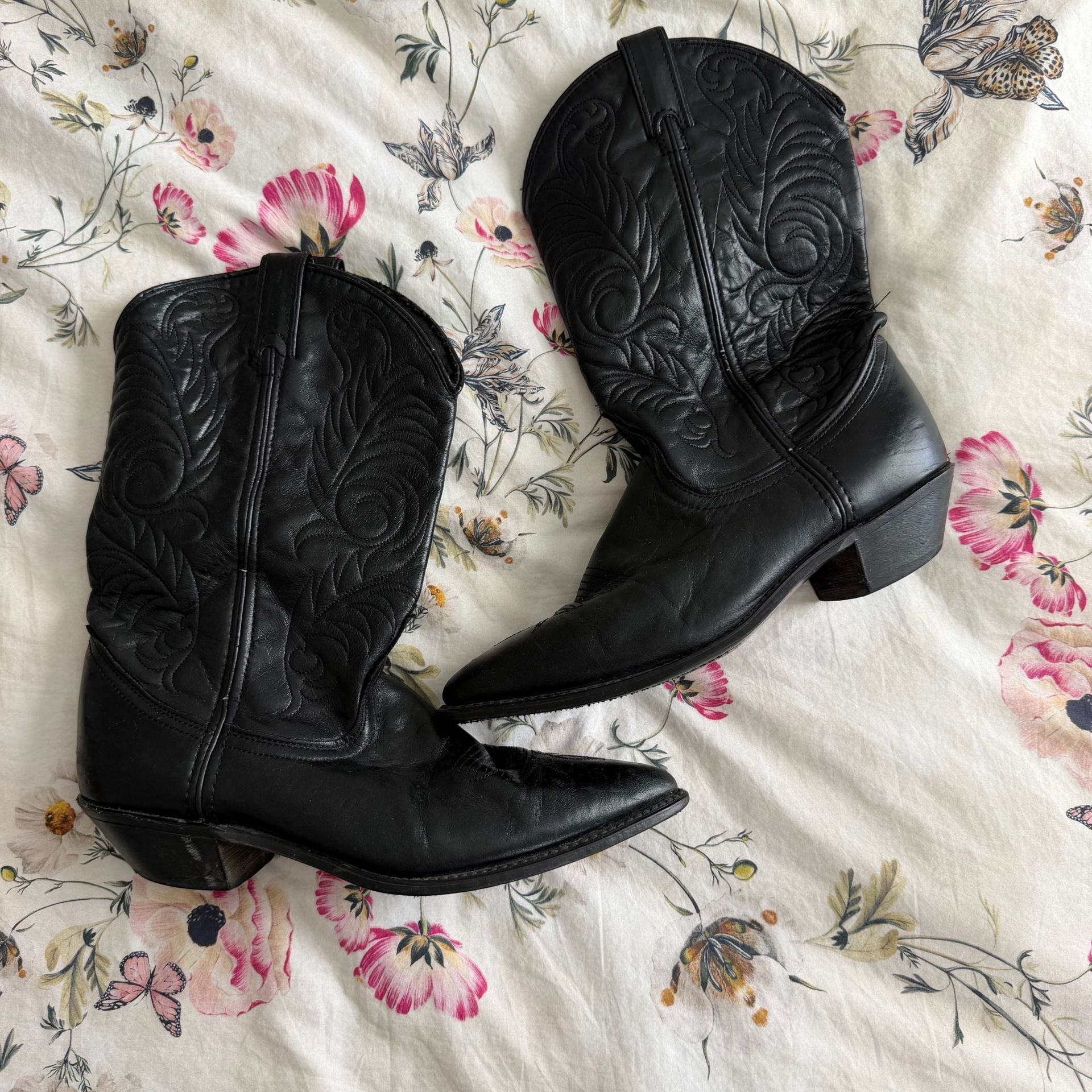Vintage Acme Western Cowboy Boots Size 8.5W Black Leather Pointed Toe 2