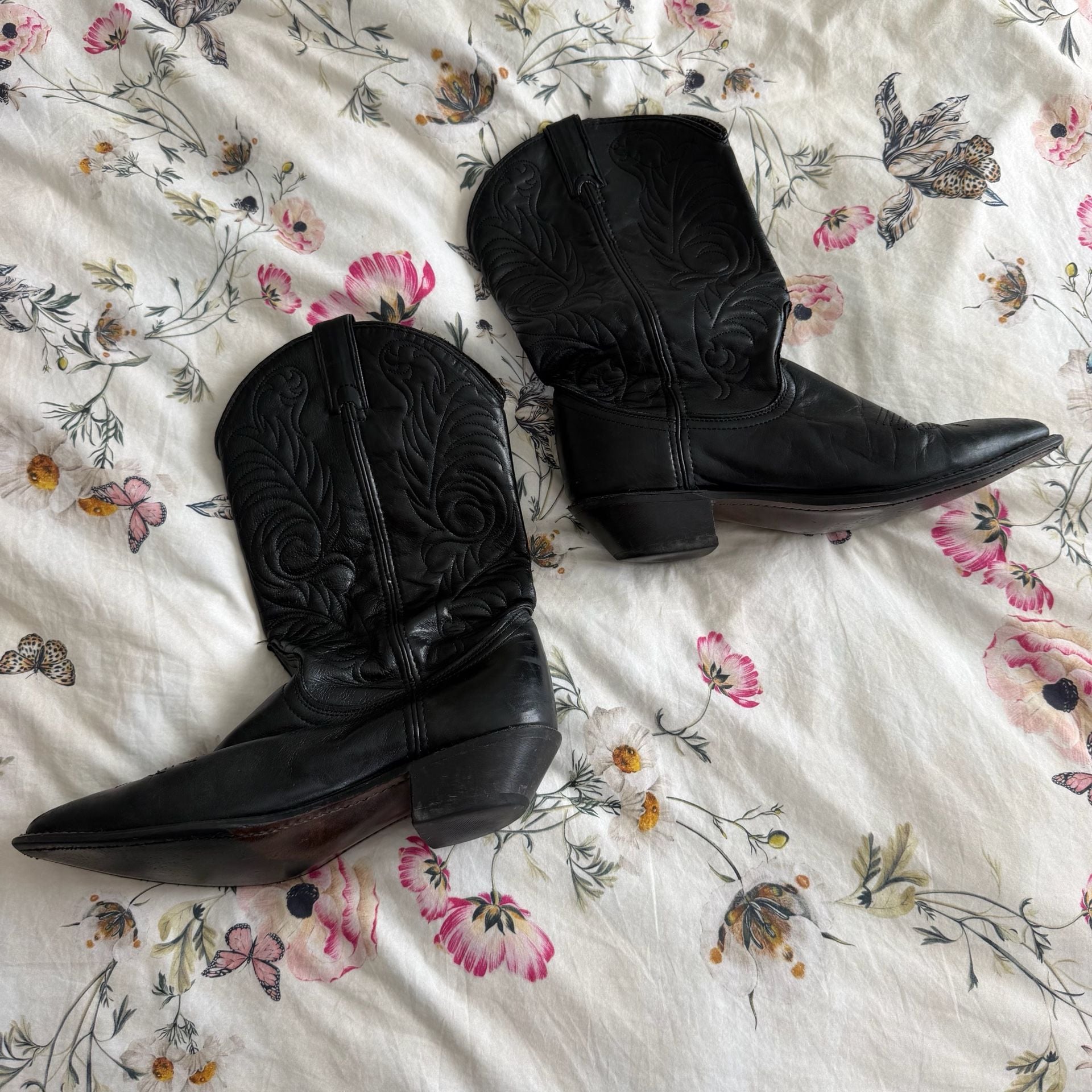 Vintage Acme Western Cowboy Boots Size 8.5W Black Leather Pointed Toe 3
