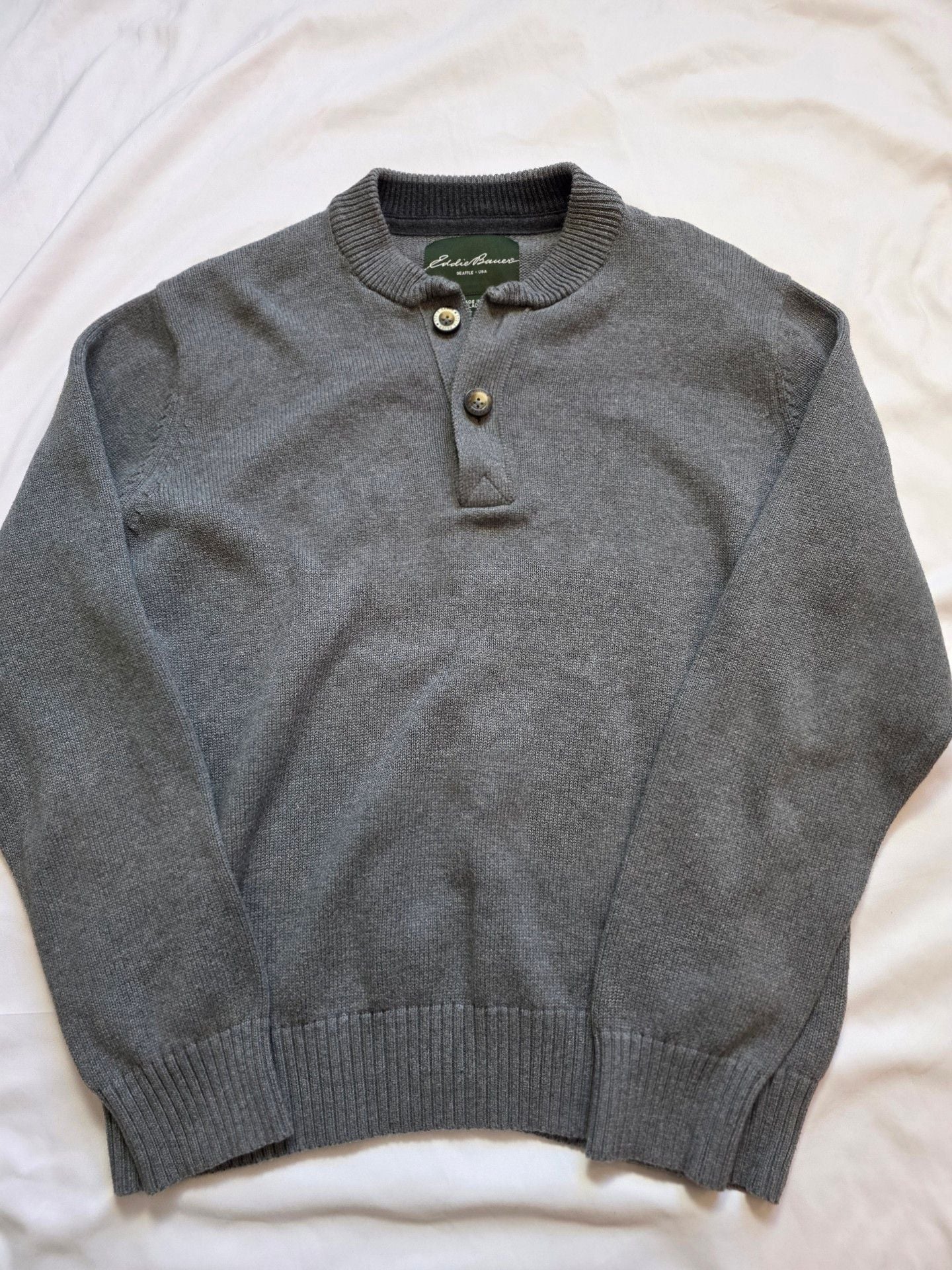 Eddie Bauer Henley Sweater Size L Grey Cotton Pullover 2