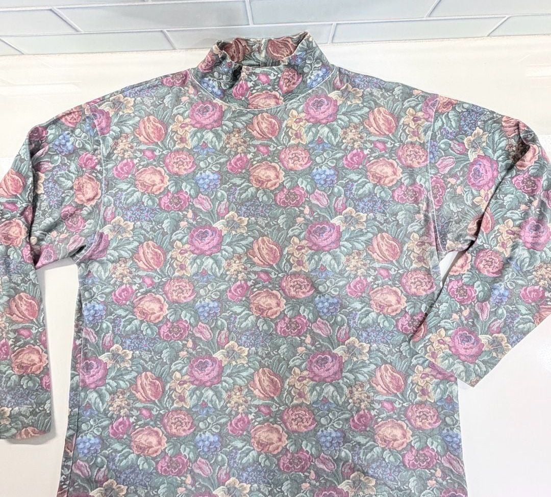 Vintage L.L. Bean Floral Turtleneck Size Large Cotton 2