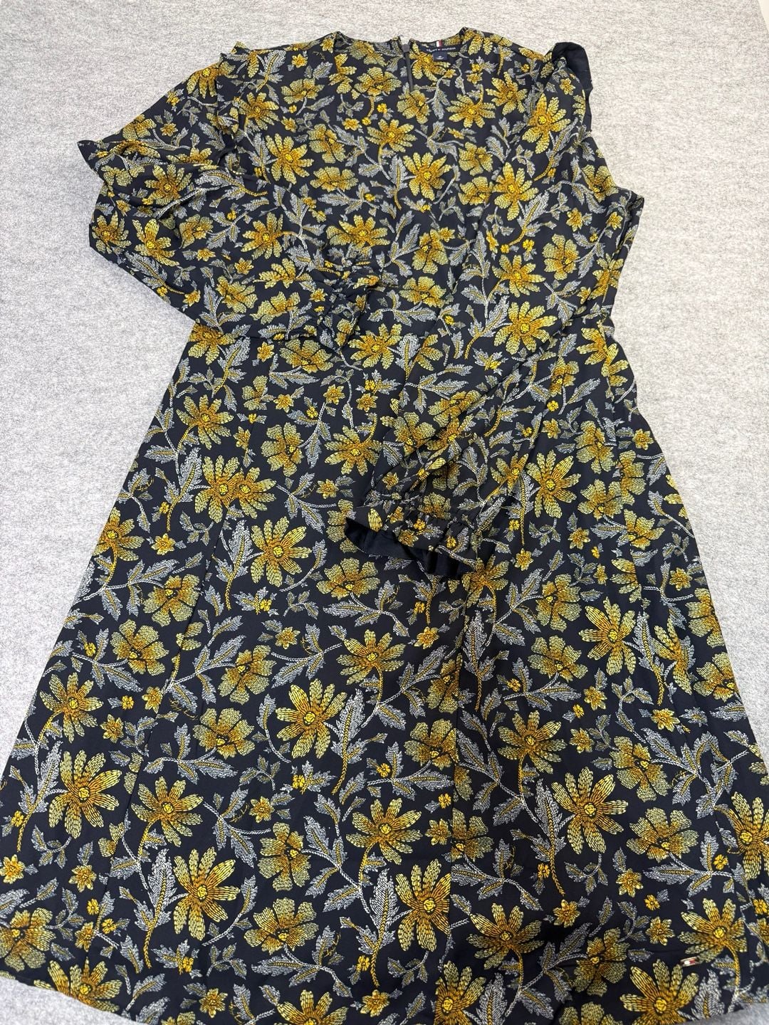 Tommy Hilfiger Floral Dress Size 10 Black Yellow Gold Long Sleeve Crepe 2