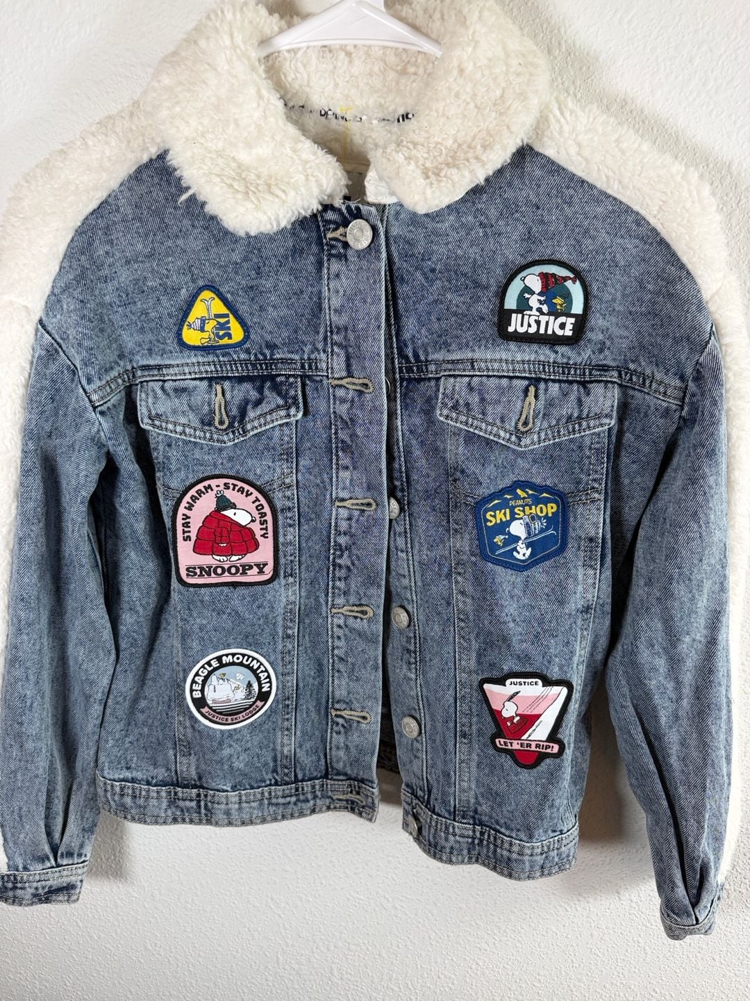 Justice Peanuts Snoopy Denim Sherpa Jacket Size M 10 Blue Patches 2