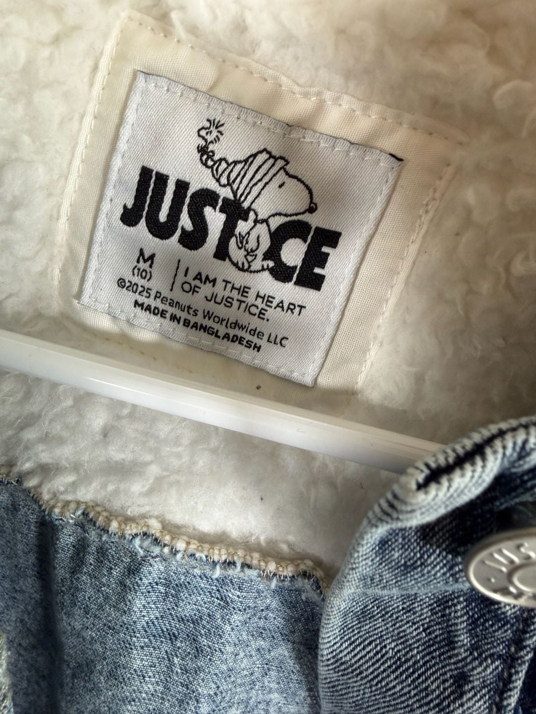 Justice Peanuts Snoopy Denim Sherpa Jacket Size M 10 Blue Patches 5