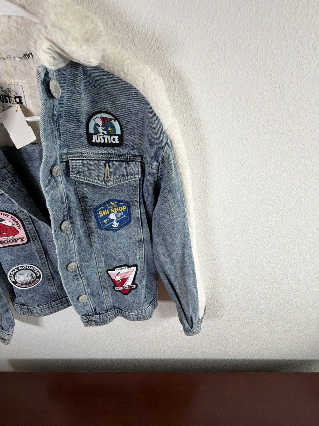 Justice Peanuts Snoopy Denim Sherpa Jacket Size M 10 Blue Patches 8