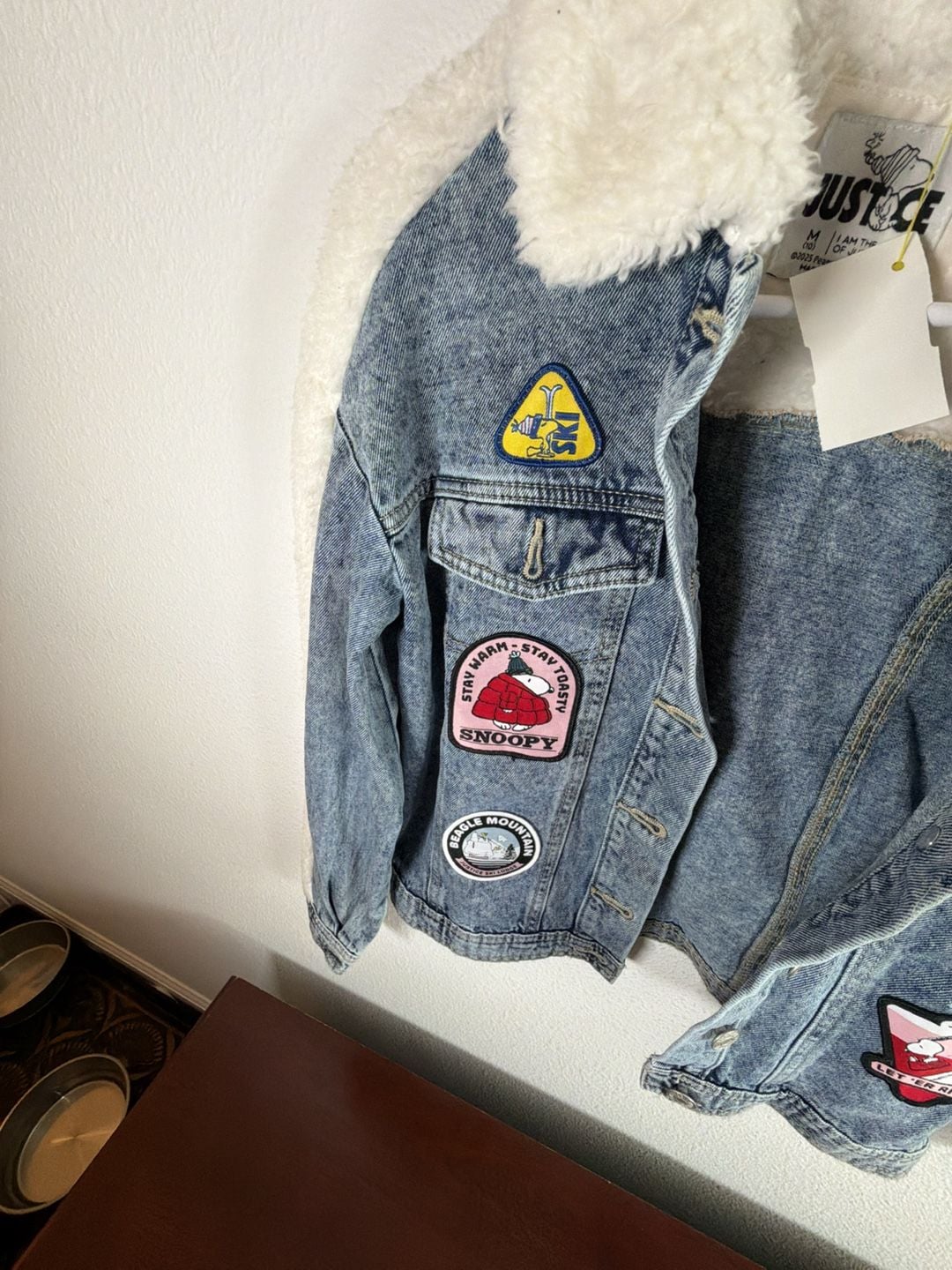 Justice Peanuts Snoopy Denim Sherpa Jacket Size M 10 Blue Patches 9