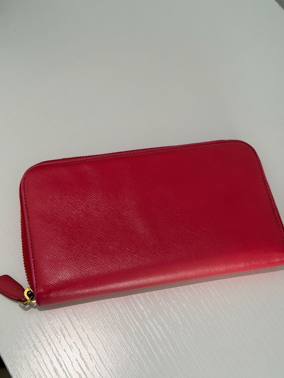 Prada Saffiano Metal Zip Around Continental Wallet Pink Leather 6
