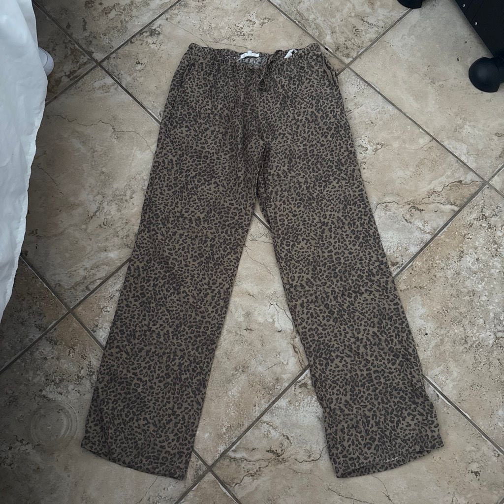 La Palapa Animal Print Semi Sheer Lounge Oversized Pants Size L Brown 1