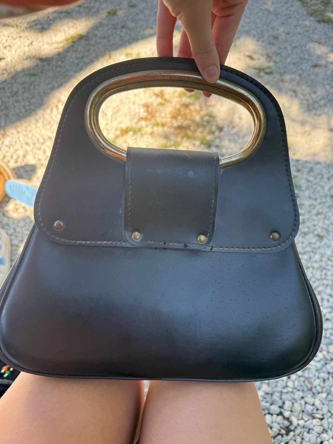 Jaclyn USA Vintage Black Handbag Top Handle Gold Metal Ring 3