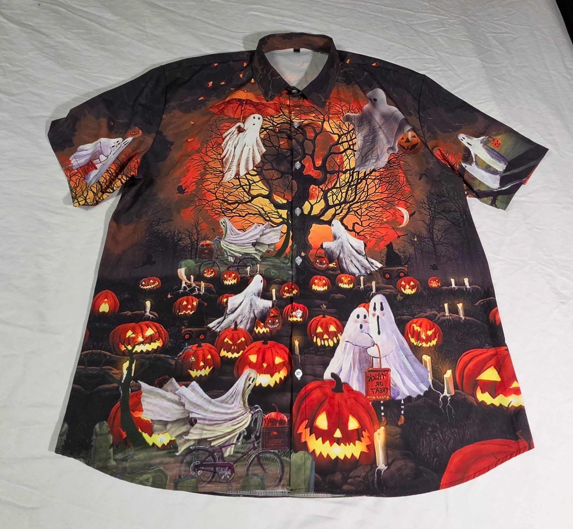 Halloween Spooky Ghost Pumpkin Short Sleeve Button Down Shirt XXL 2