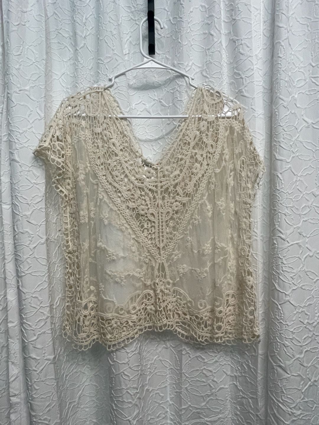 Vivid Importers of NY Crochet Lace Boho V-Neck Short Sleeve Tunic Top Medium 2