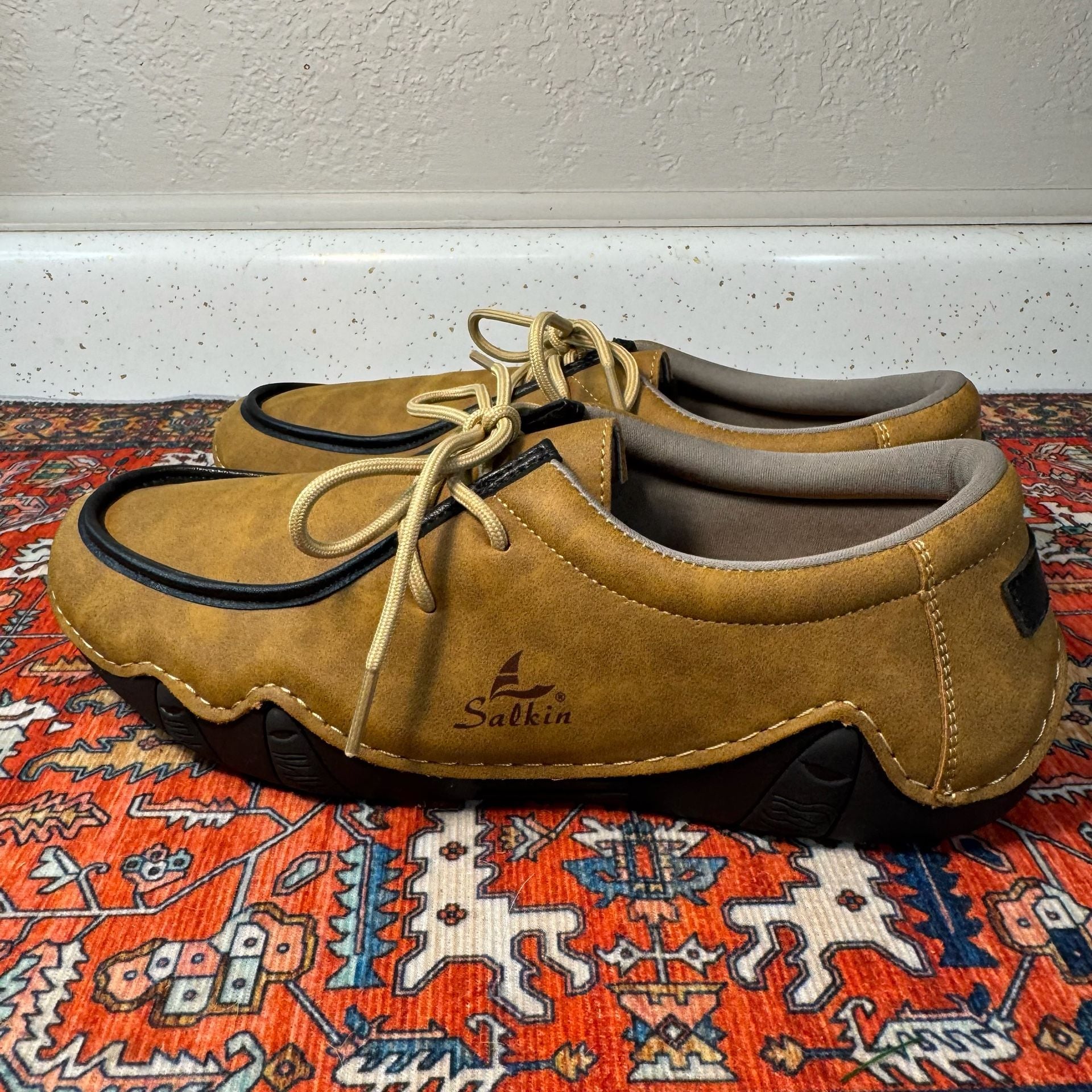Salkin USA Men’s 10.5-11 Tan Brown Lace Up Moc Toe Comfort Casual Shoes 4