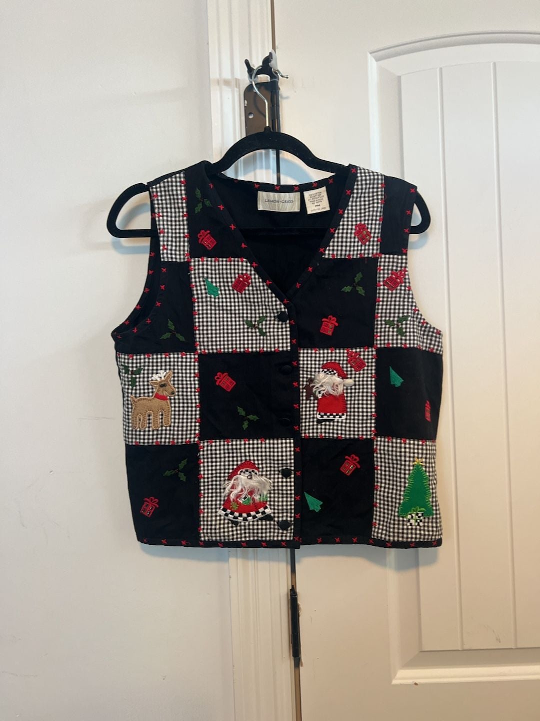Lemon Grass Christmas Vest Size PM Black Gingham Santa Patch 2