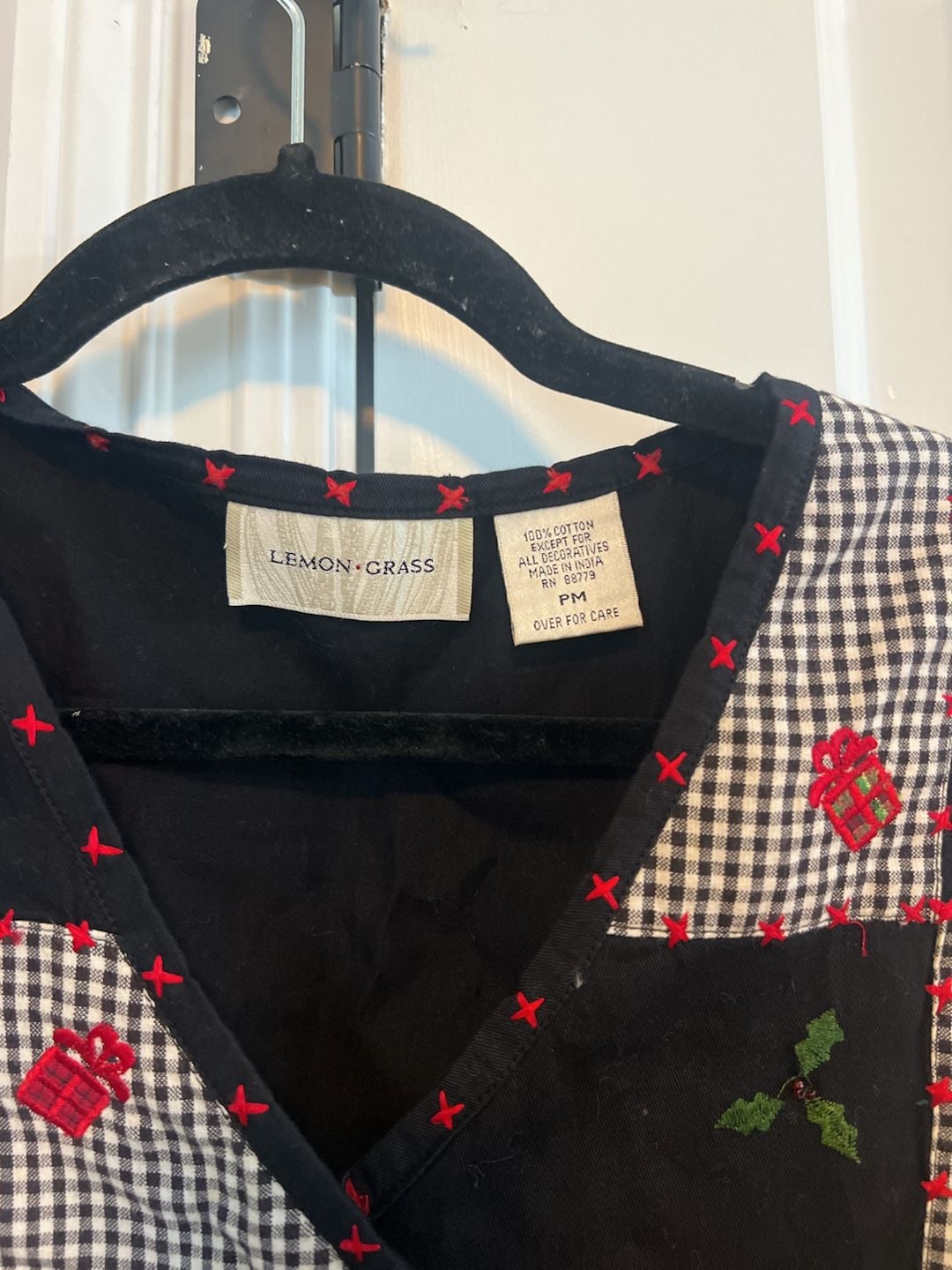 Lemon Grass Christmas Vest Size PM Black Gingham Santa Patch 3
