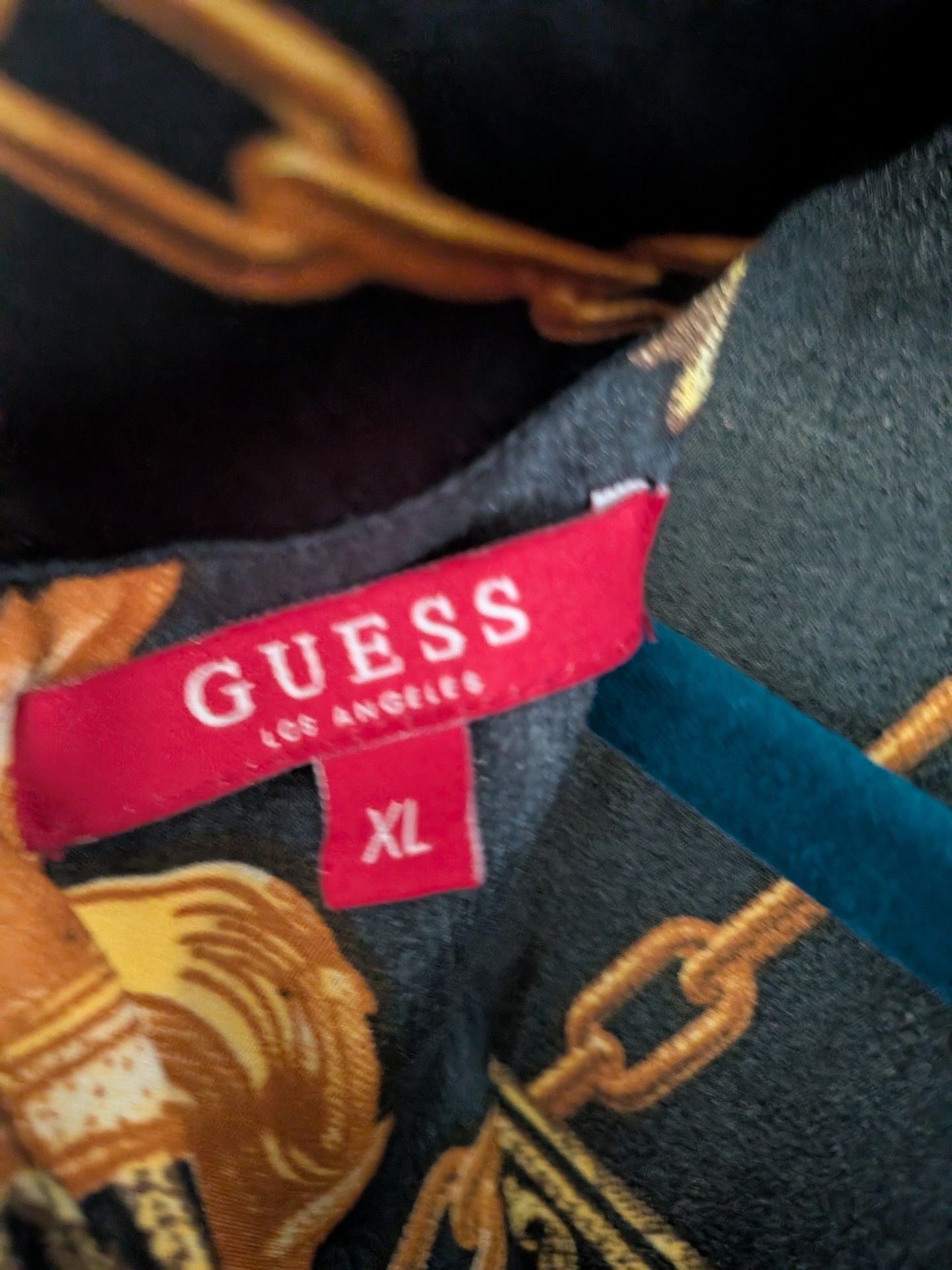 GUESS Chain Print Knot Hem Crop Blouse Black Gold 4