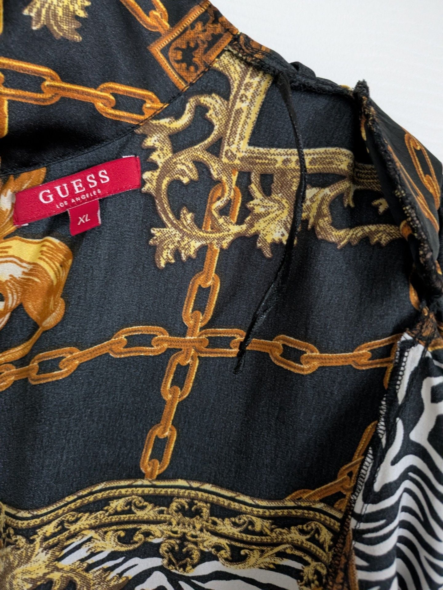GUESS Chain Print Knot Hem Crop Blouse Black Gold 12