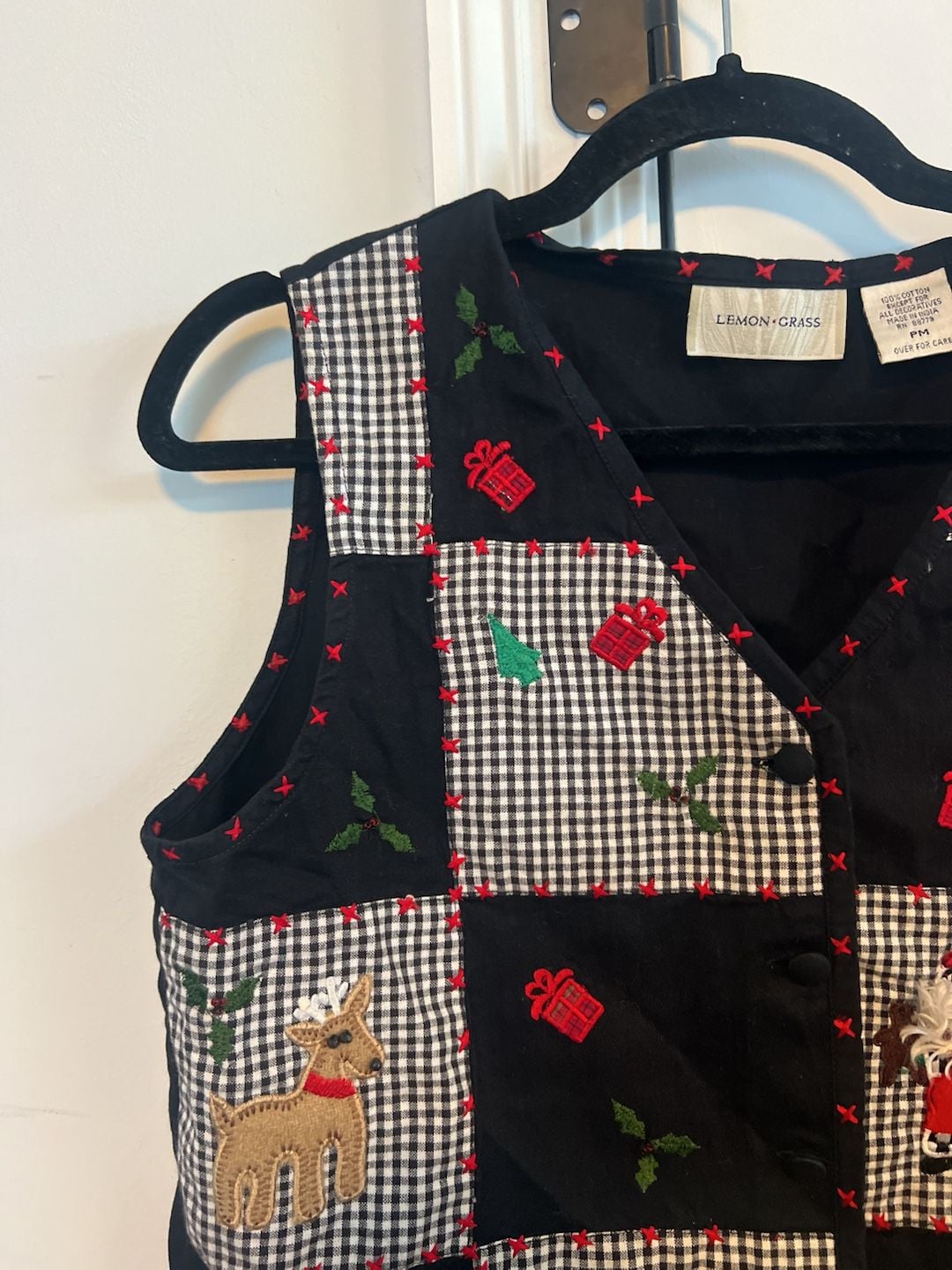 Lemon Grass Christmas Vest Size PM Black Gingham Santa Patch 9