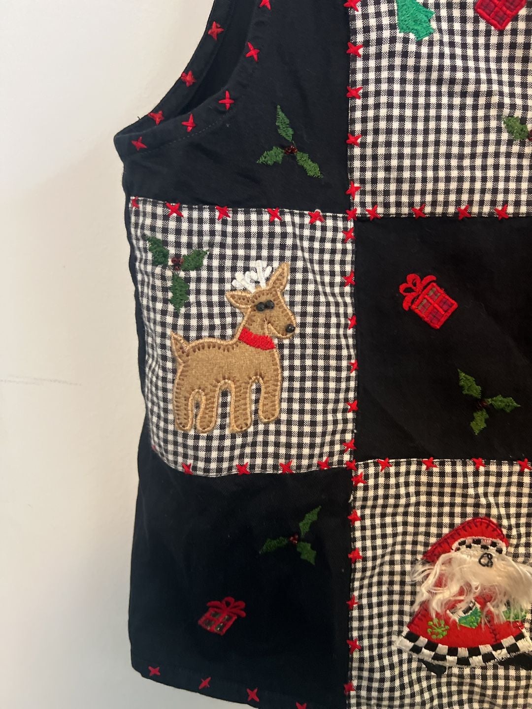 Lemon Grass Christmas Vest Size PM Black Gingham Santa Patch 10