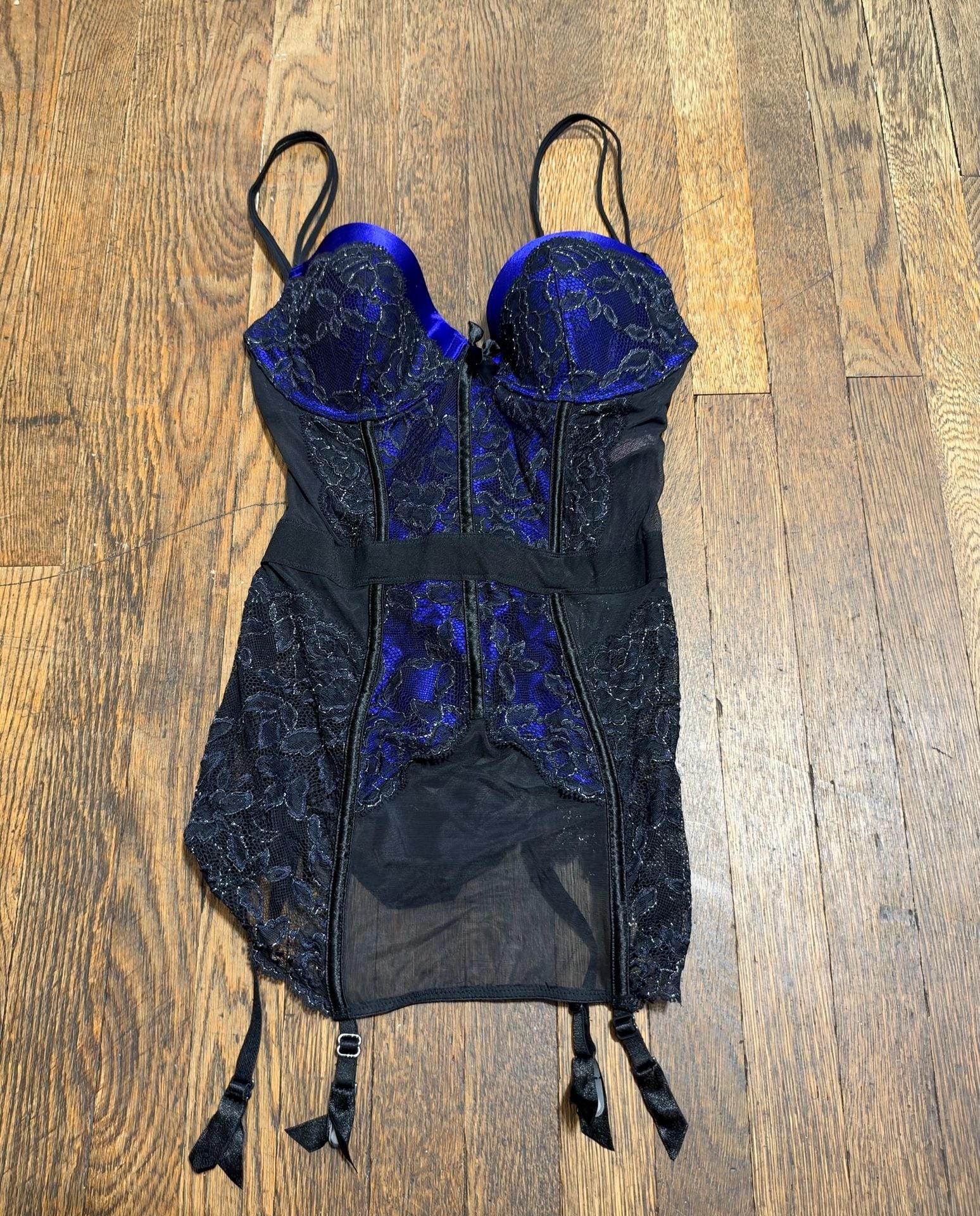 Victoria's Secret Lace Corset Size 34C Blue Black Satin Garter Lace 3