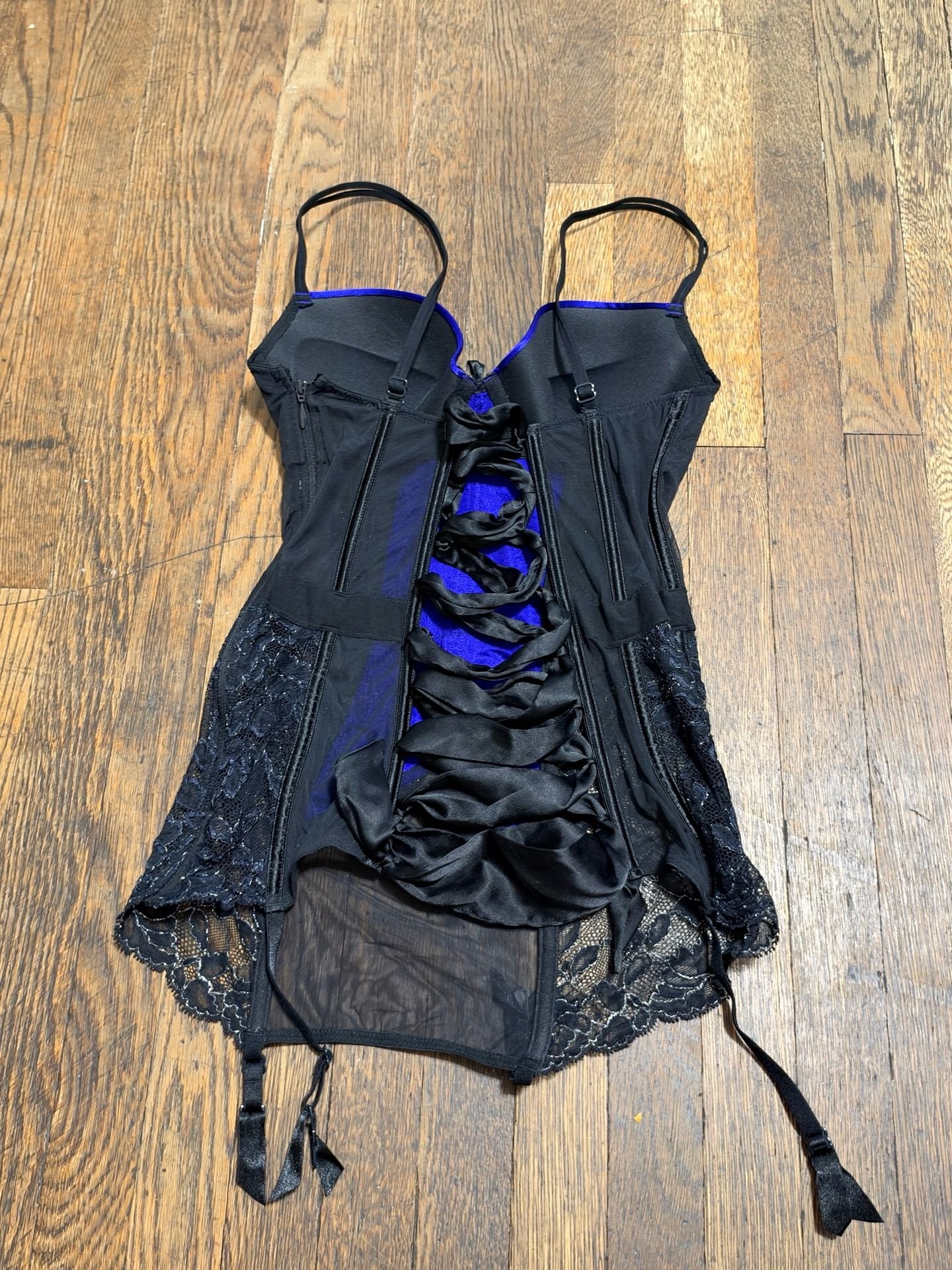 Victoria's Secret Lace Corset Size 34C Blue Black Satin Garter Lace 4