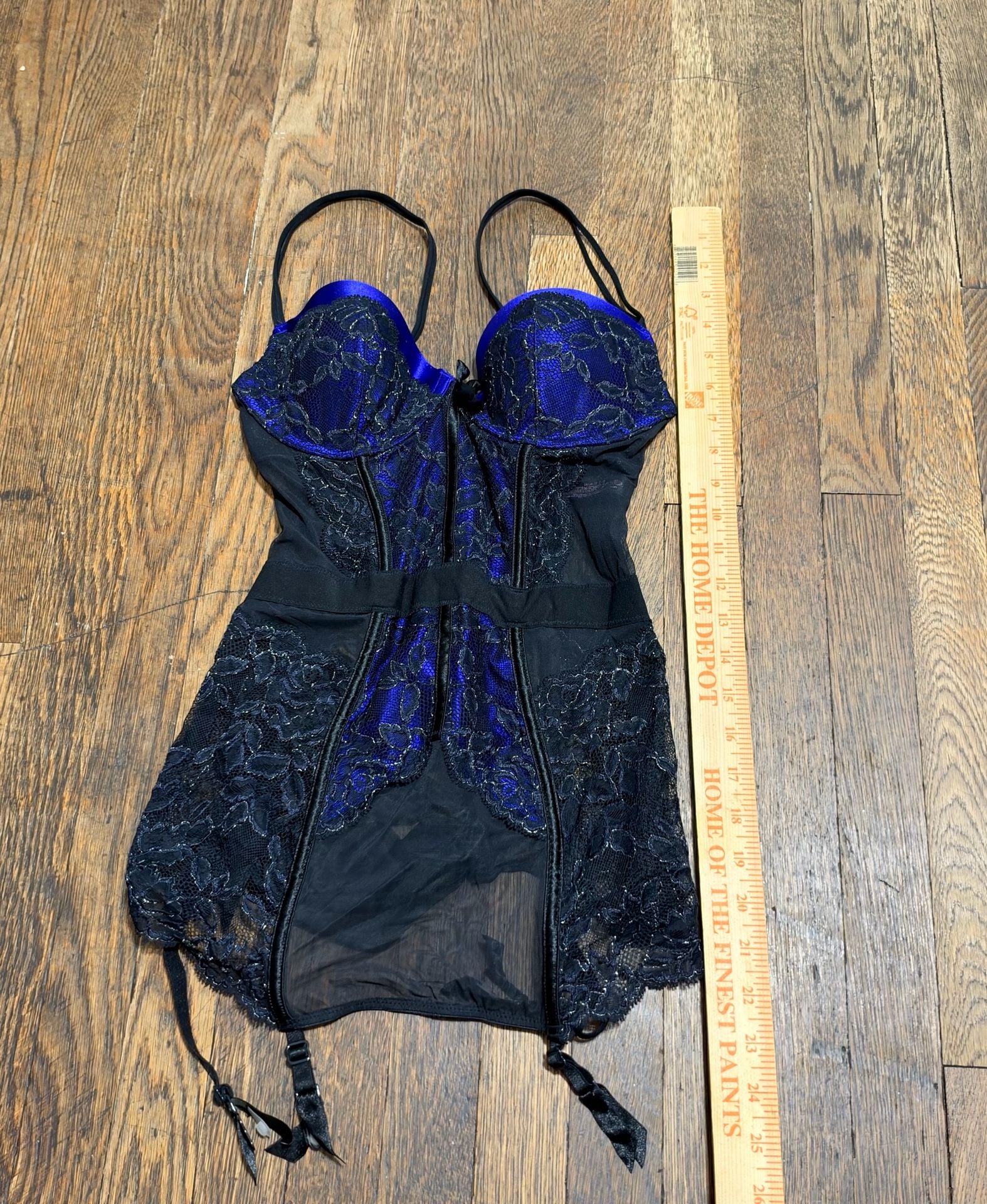 Victoria's Secret Lace Corset Size 34C Blue Black Satin Garter Lace 9