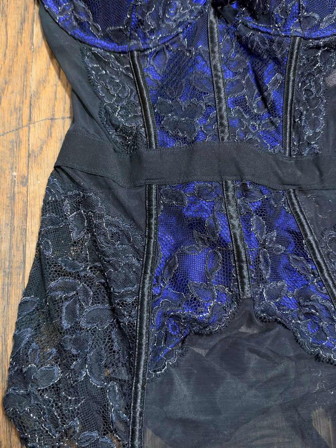 Victoria's Secret Lace Corset Size 34C Blue Black Satin Garter Lace 11
