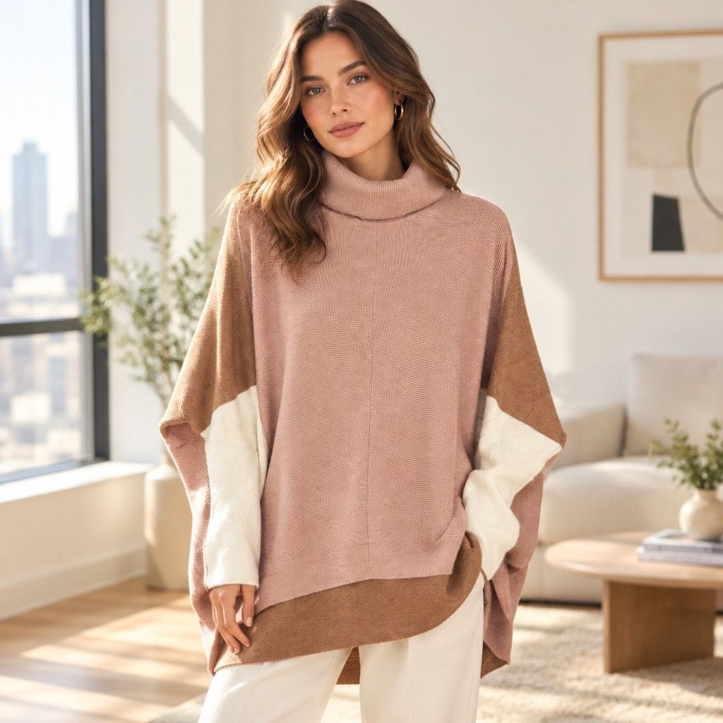 Anrabess Turtleneck Poncho Sweater Size L Colorblock Pink Brown White 2