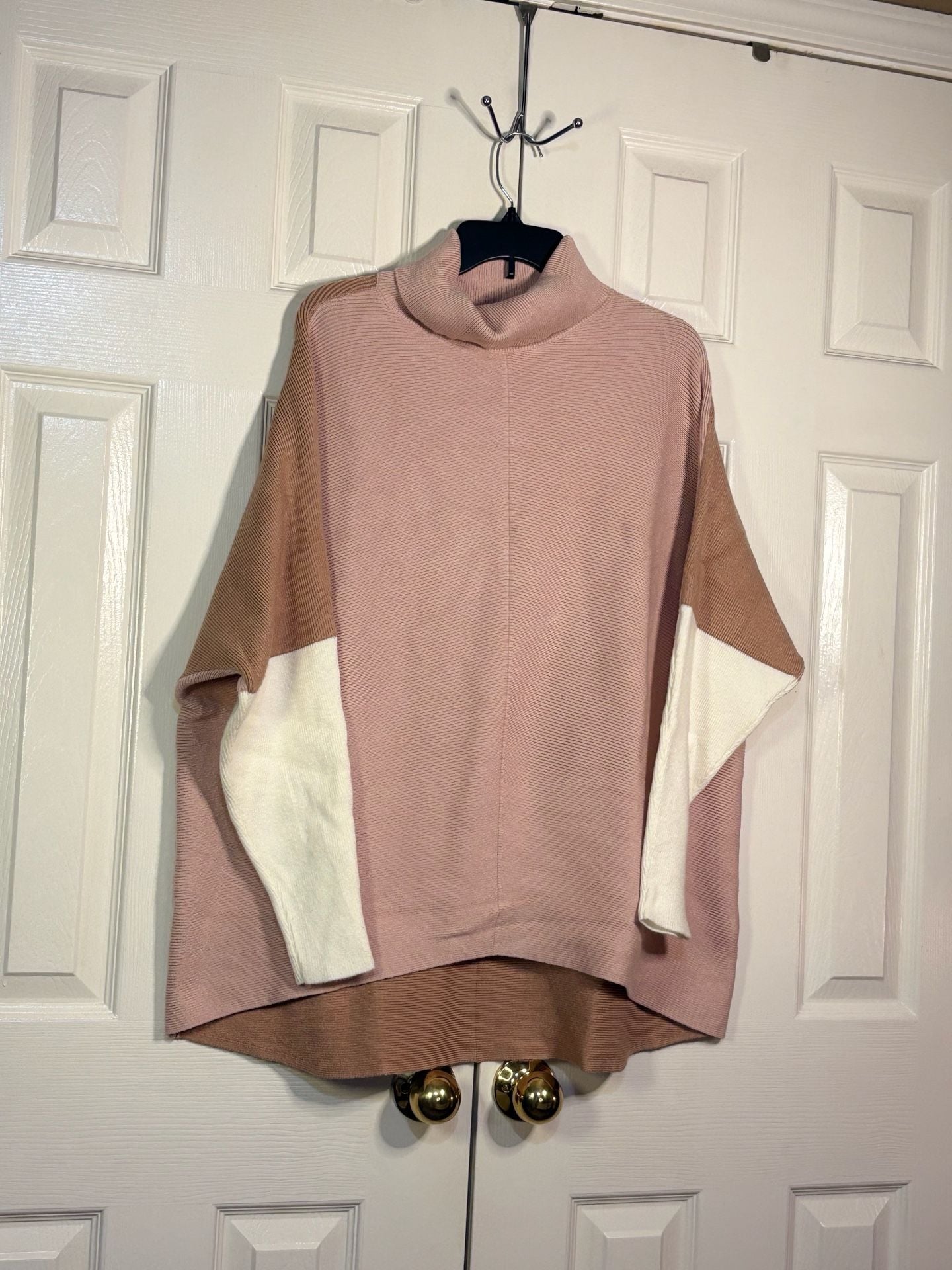 Anrabess Turtleneck Poncho Sweater Size L Colorblock Pink Brown White 5