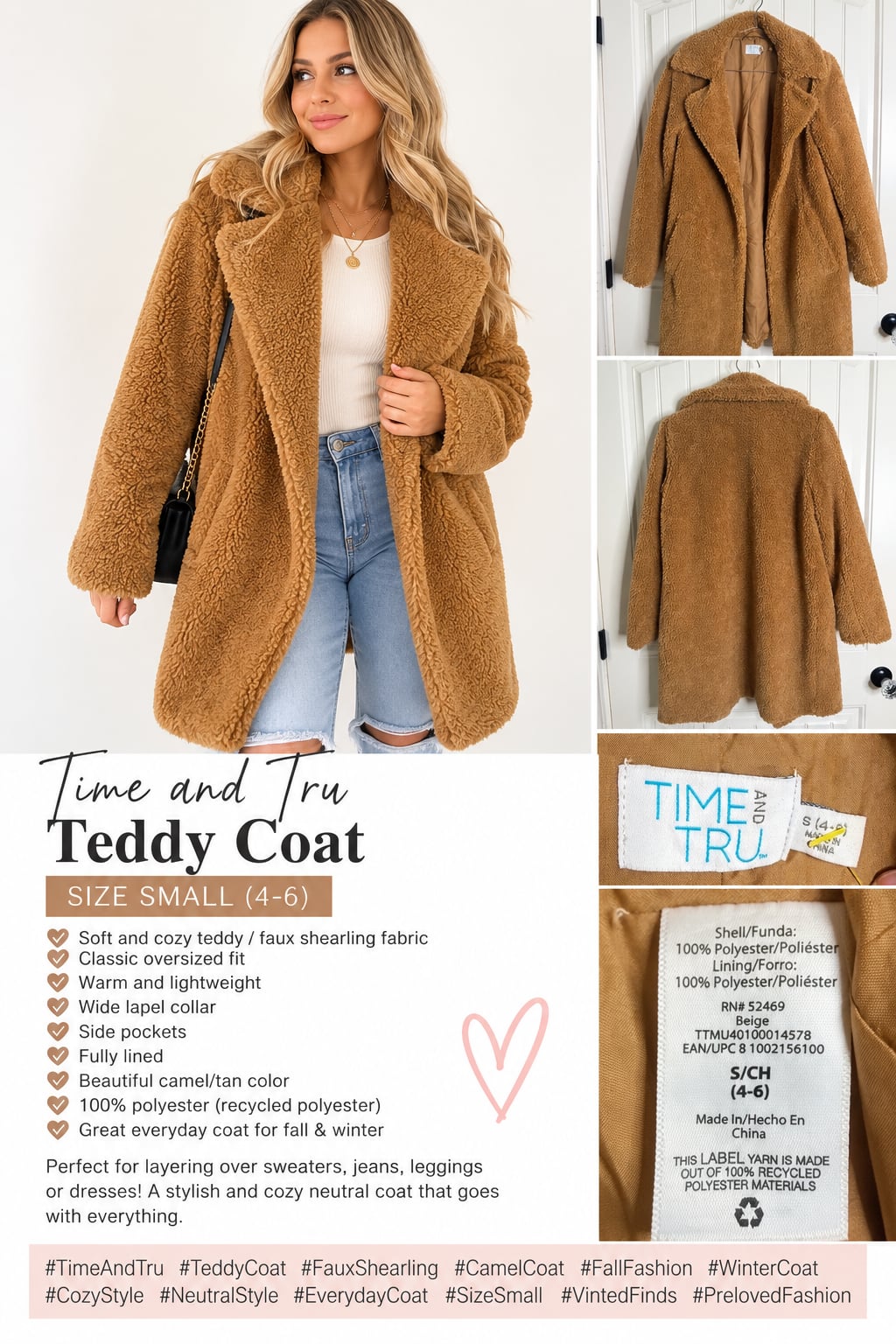 Time And Tru Teddy Coat Size Small 4-6 Camel Brown 2
