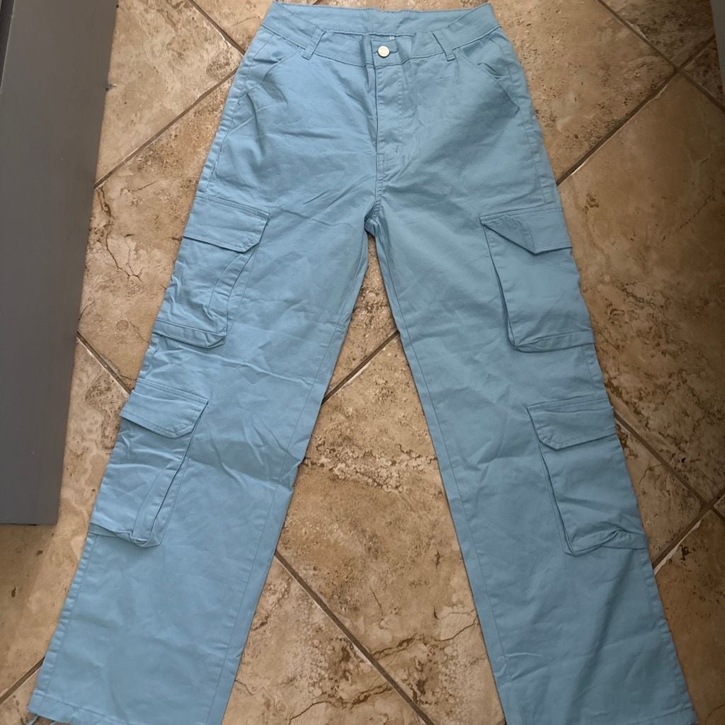 SHEIN Women's Solid Color Casual Cargo Pants Light Blue 1