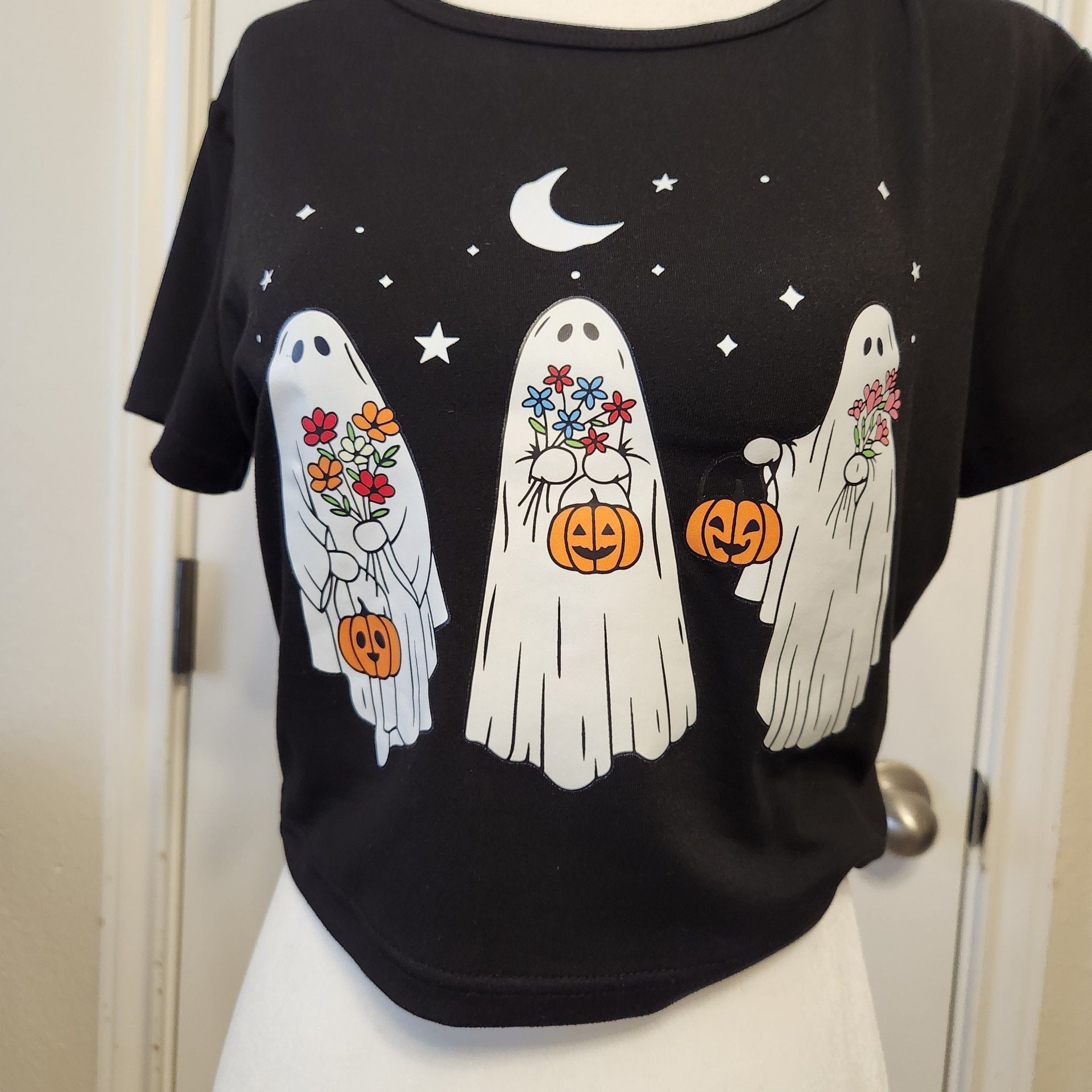 Ghost Pumpkin crop top T-Shirt Size L Black 3