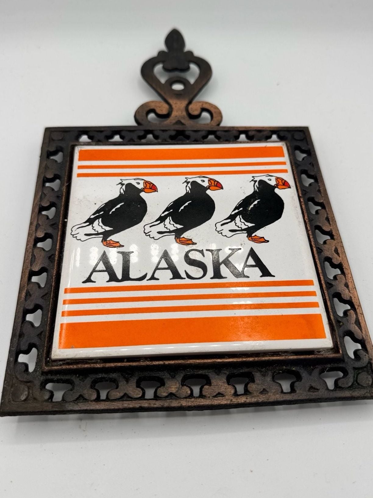 Vintage Alaskan Wildlife Puffin Trivet Japan Tile Cast Iron 1