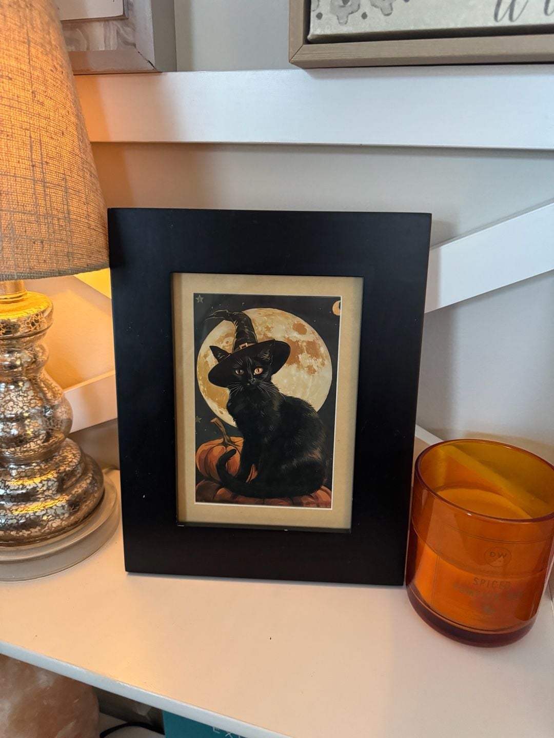 Vintage Style Halloween Black Cat Witch Hat Framed Art 2