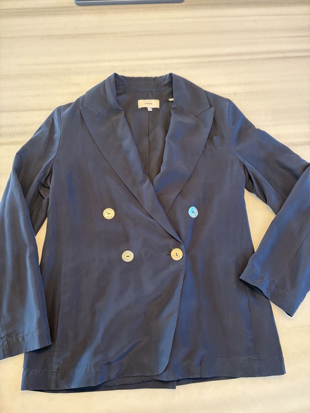 Vince Double Breasted Silk Blazer Size 2 Navy Blue Drapey 2