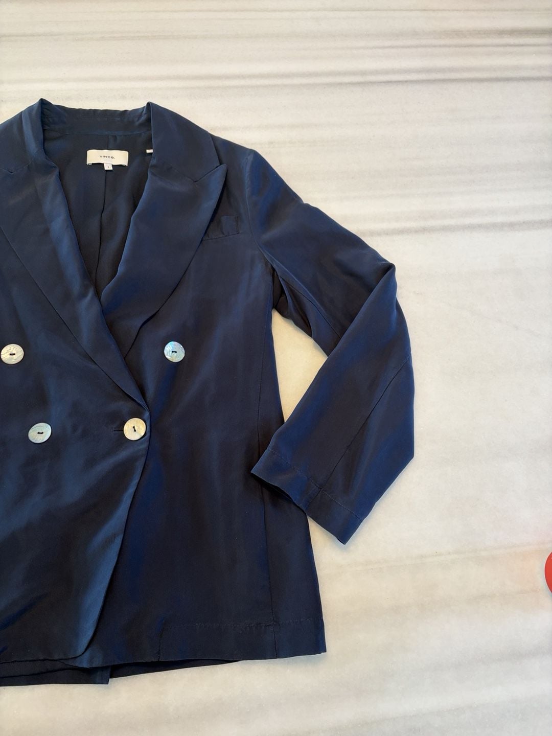 Vince Double Breasted Silk Blazer Size 2 Navy Blue Drapey 3