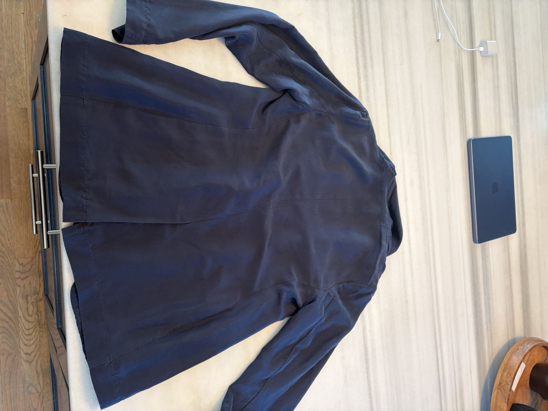 Vince Double Breasted Silk Blazer Size 2 Navy Blue Drapey 9