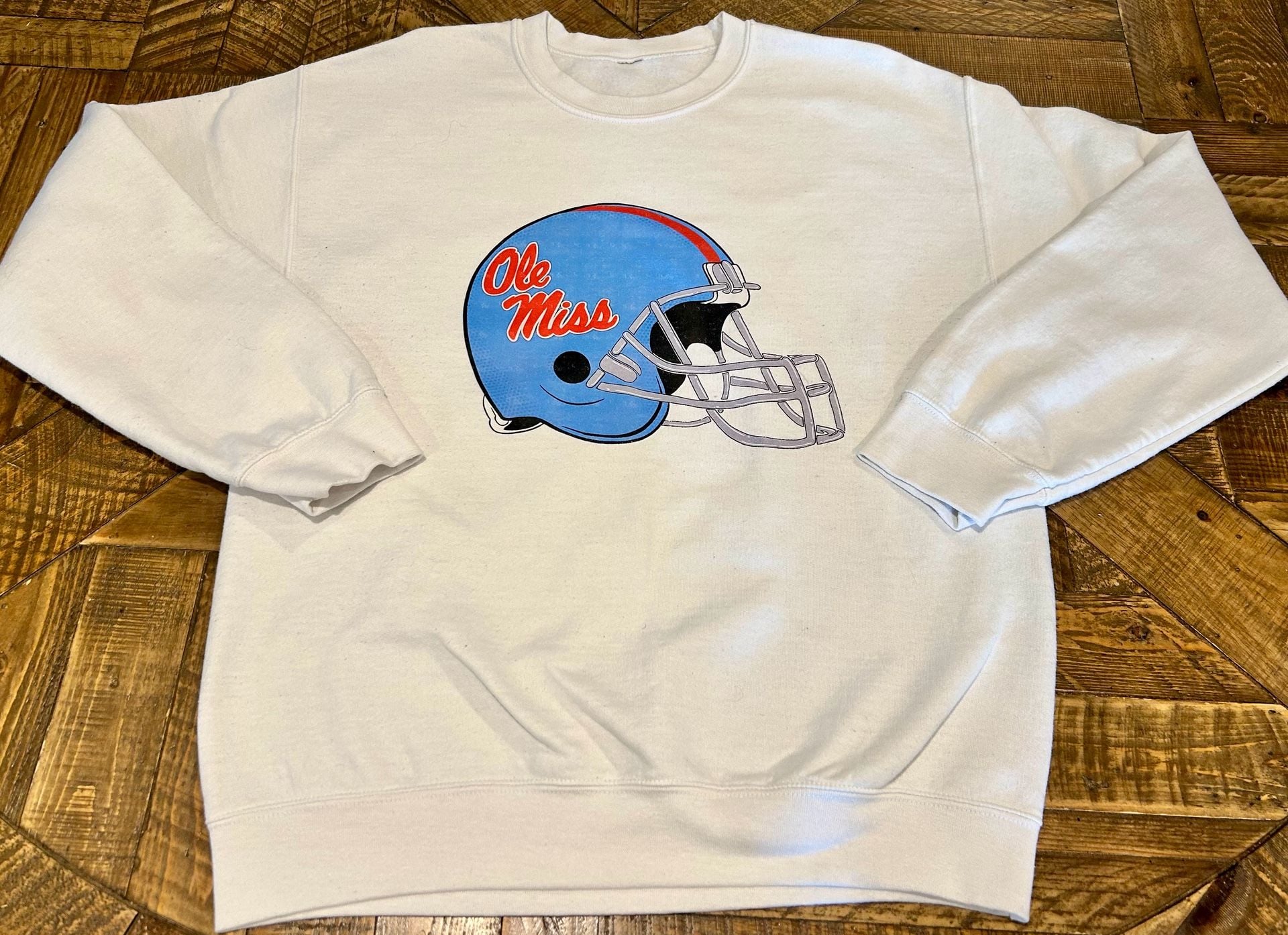 Ole Miss Rebels Helmet Logo White Crewneck Sweatshirt 3