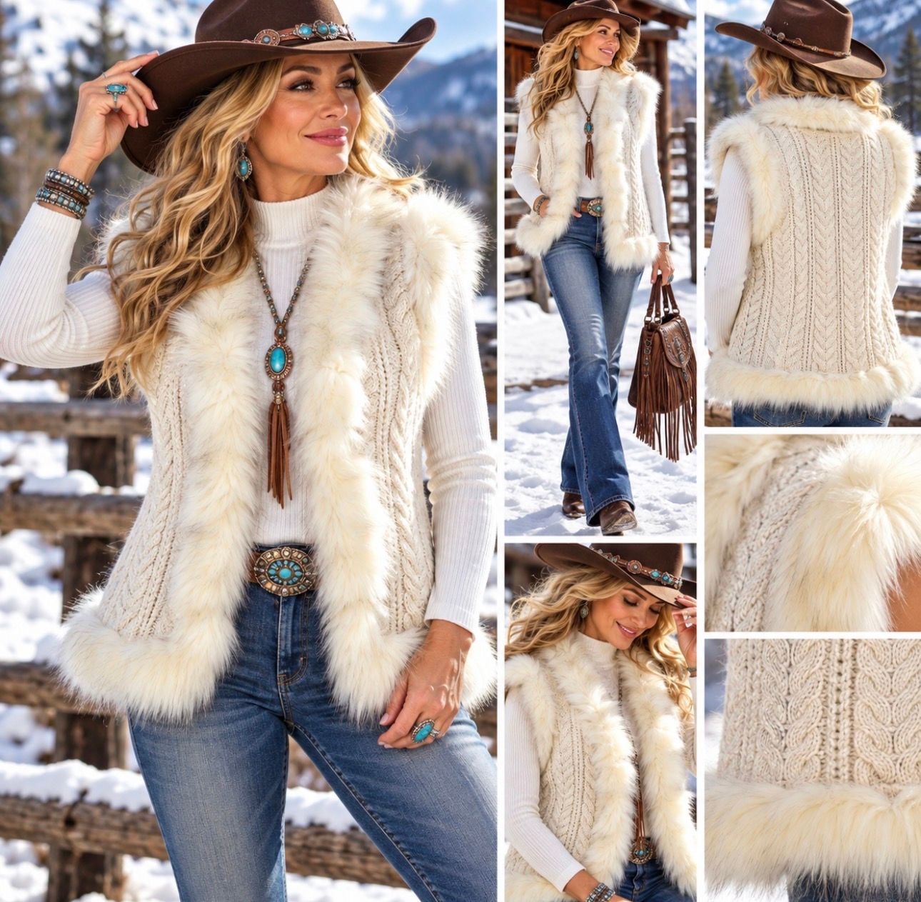 Shyanne Women’s L Cream Cable Knit Faux Fur Vest Western Cowgirl NWOT 2