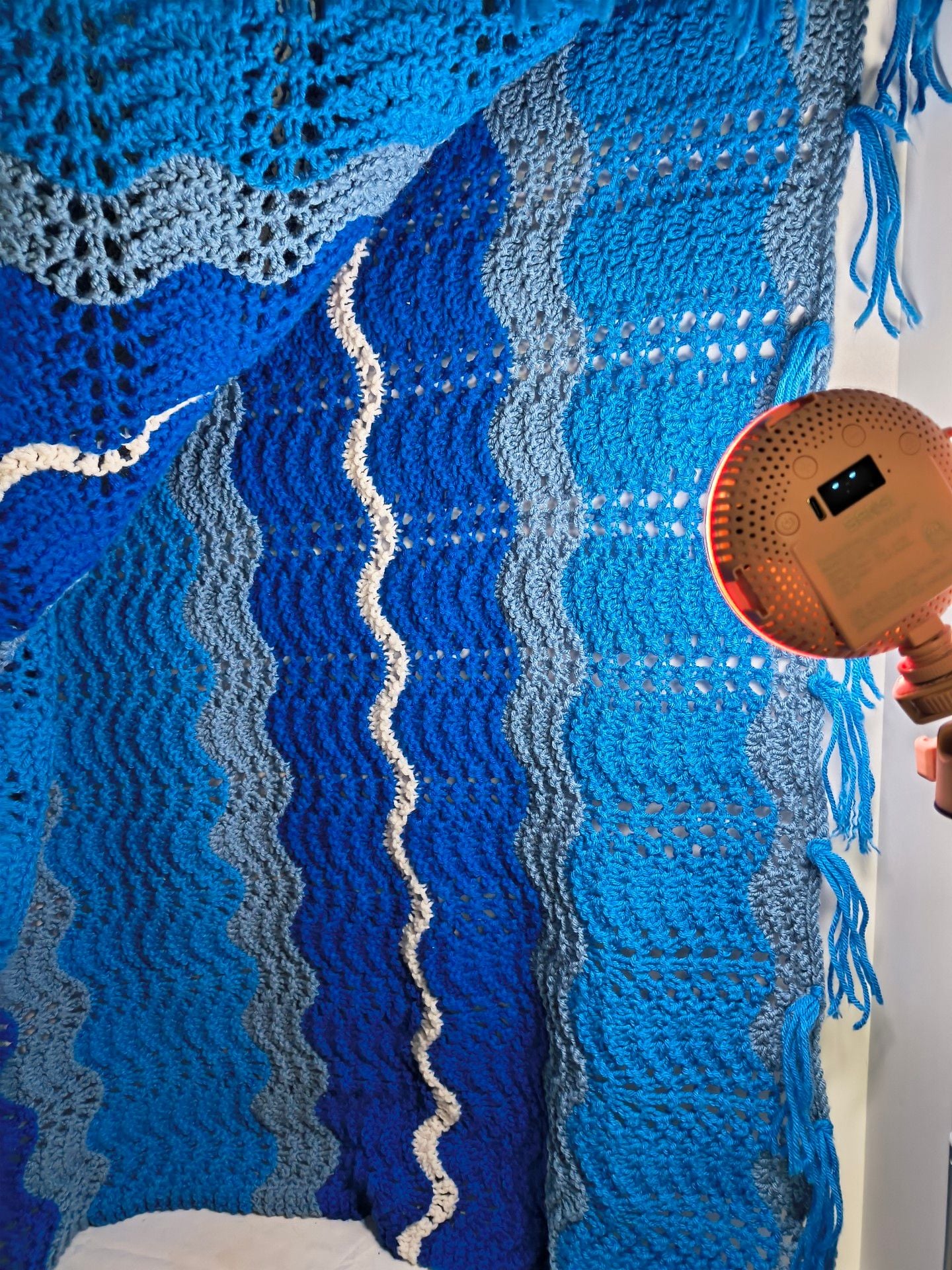 Handmade Crocheted Wave Afghan Throw Blanket Blue White 3